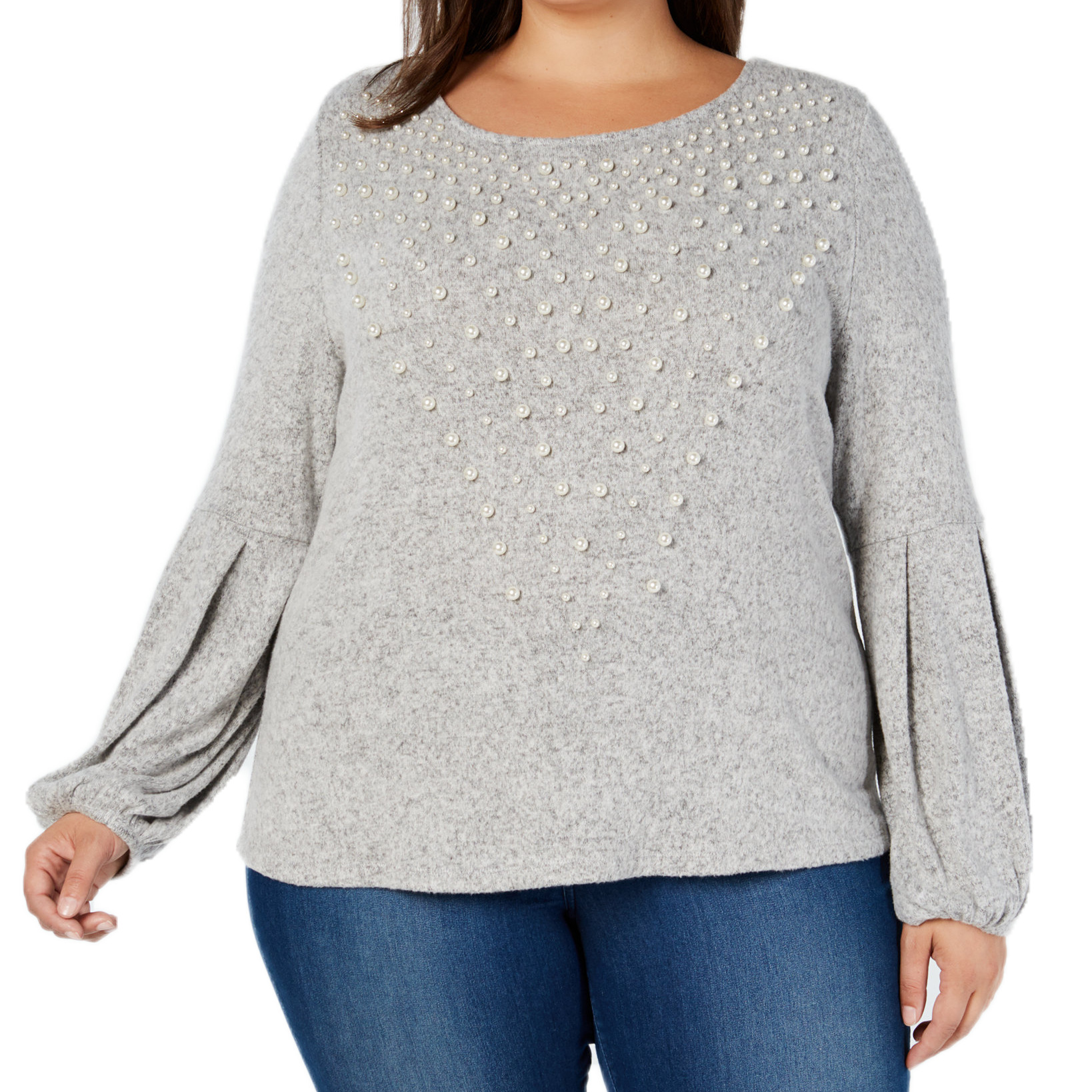 INC International Concepts Women Plus Pearl Embellished Puff Sleeve Sweater Heather Belle Grey