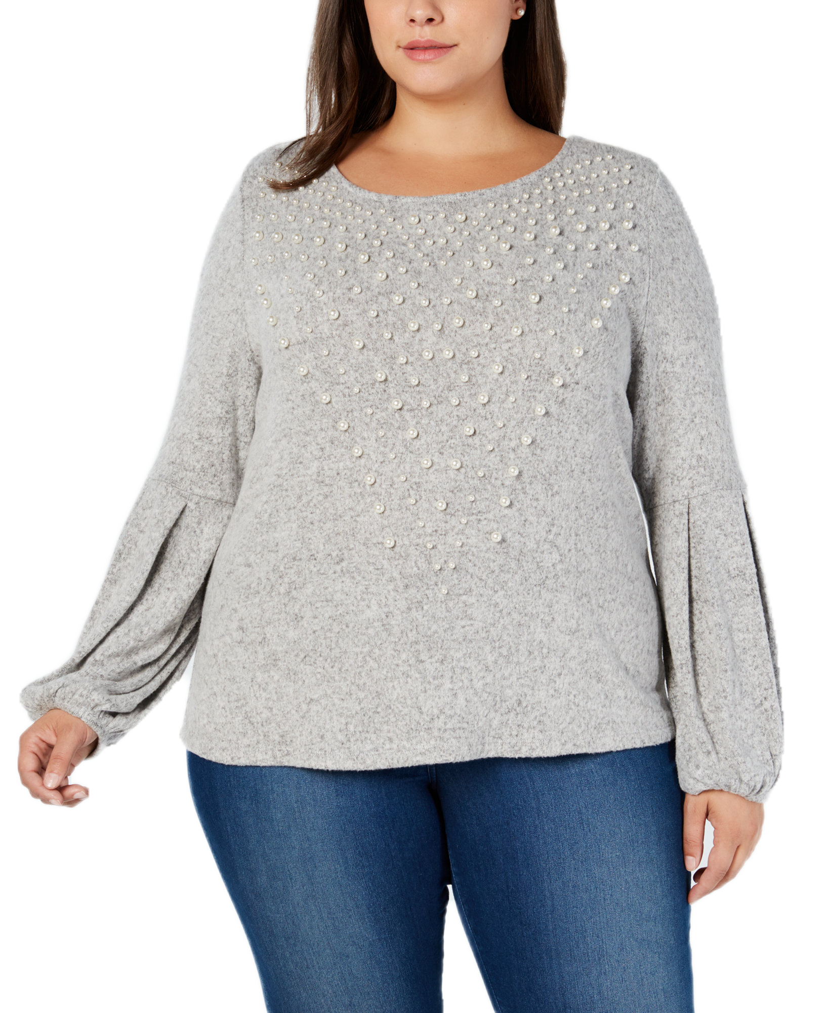 INC International Concepts Women Plus Pearl Embellished Puff Sleeve Sweater Heather Belle Grey