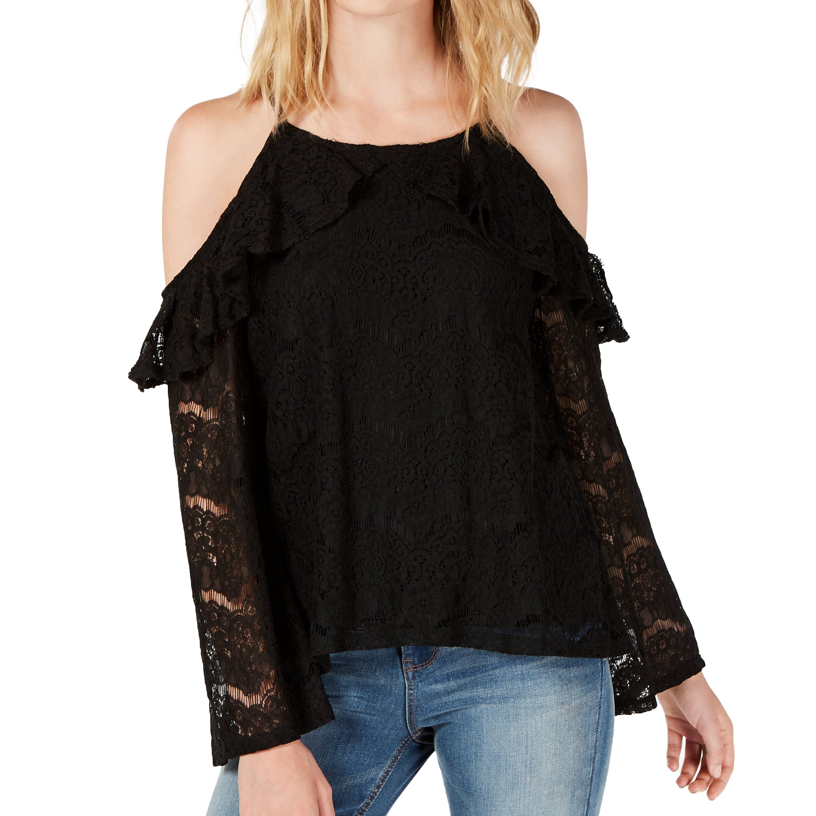 Ultra Flirt Lace Cold Shoulder Top Black