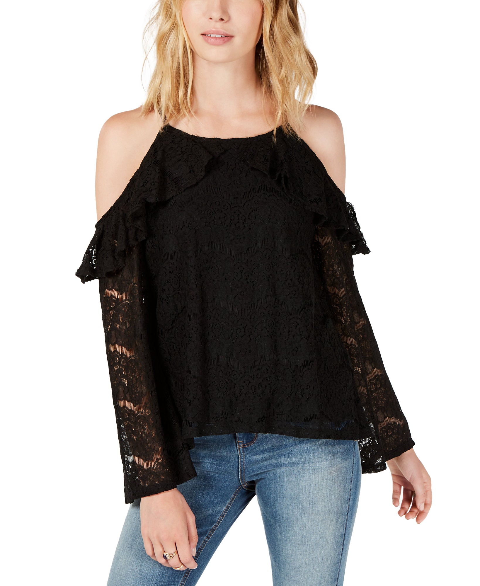 Ultra Flirt Lace Cold Shoulder Top Black