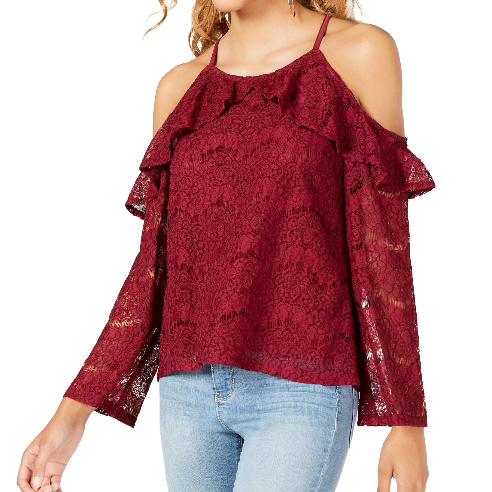 Ultra Flirt Lace Cold Shoulder Top Wine