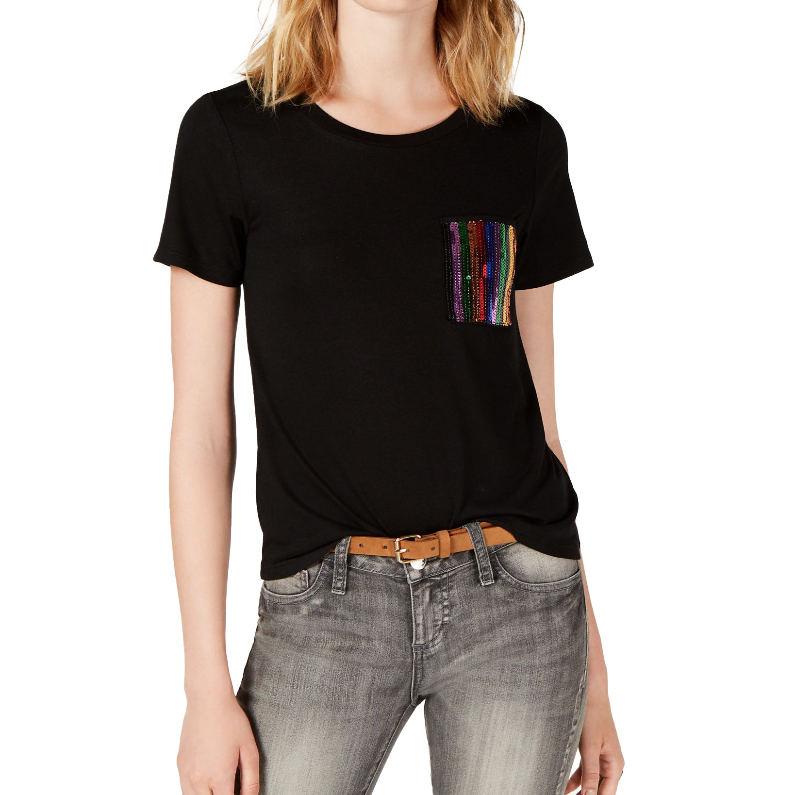 Crave Fame Imitation Pearl Pocket T Shirt Black