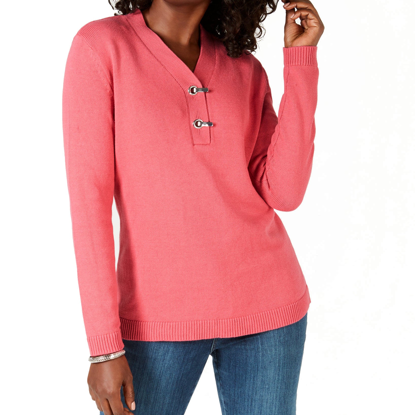 Karen Scott Women Petite Cotton Toggle Henley Sweater Pink Orchid