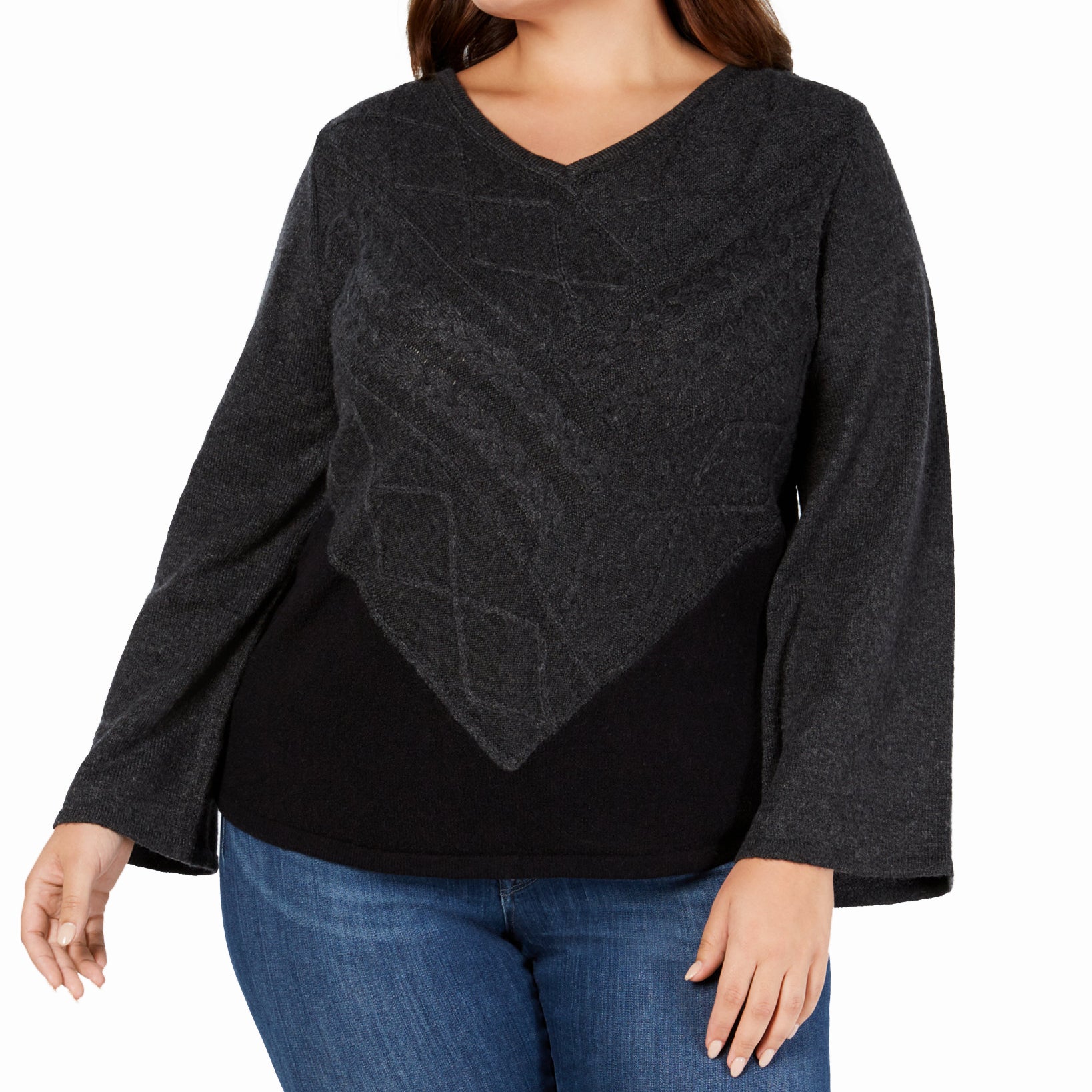 Style & Co Women Plus V Neck Mixed Stitch Sweater Black Heather