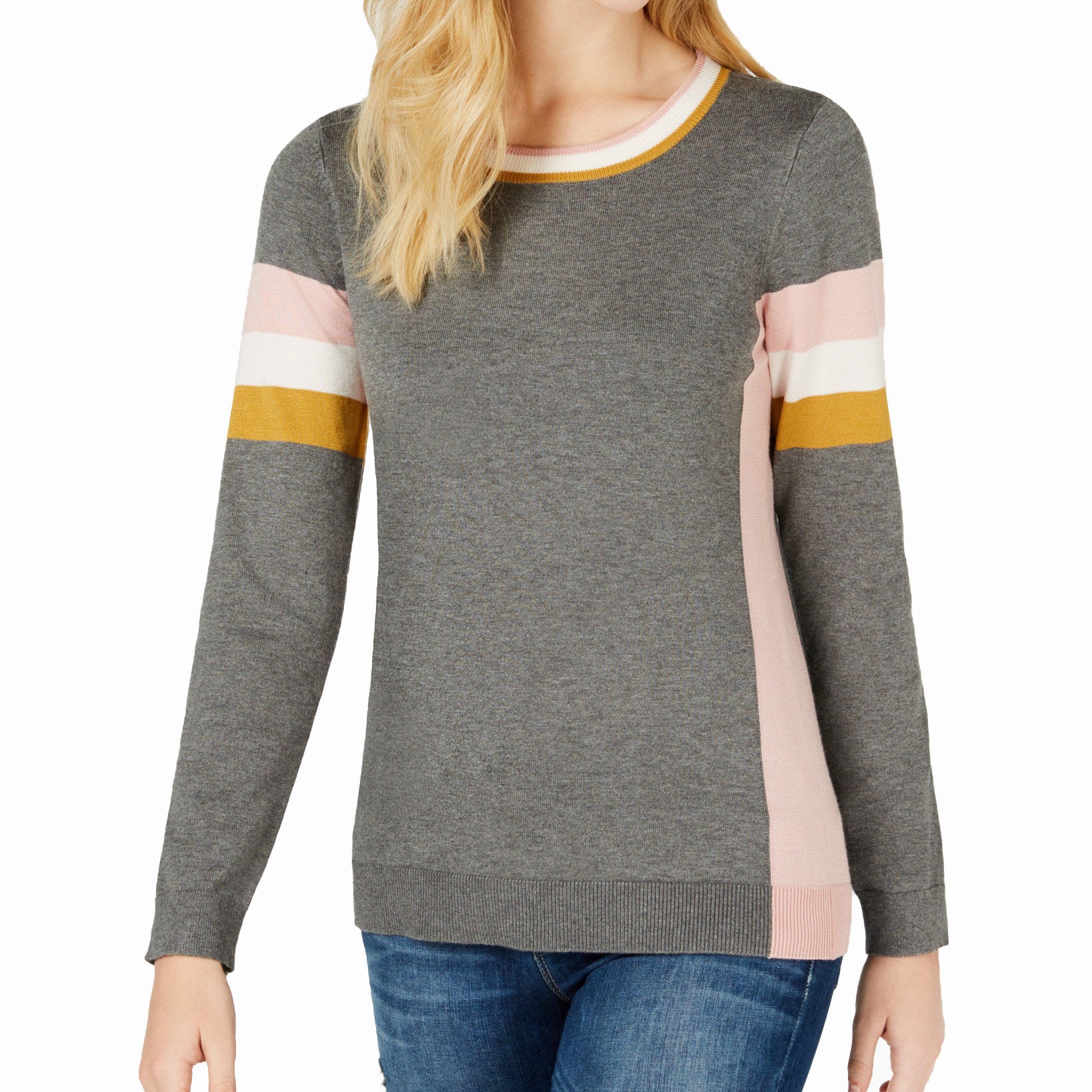 Hippie Rose Crew Neck Colorblocked Sweater Silver