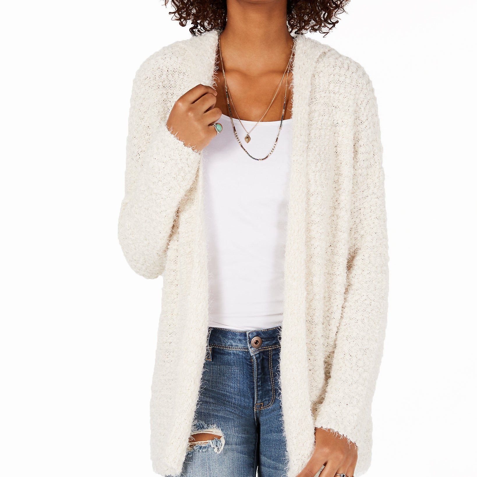 Say What? Open Front Hoodie Cardigan Sweater Cream