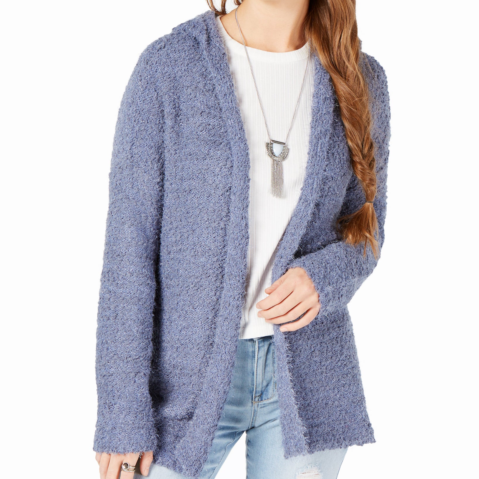 Say What? Open Front Hoodie Cardigan Sweater Grisaille