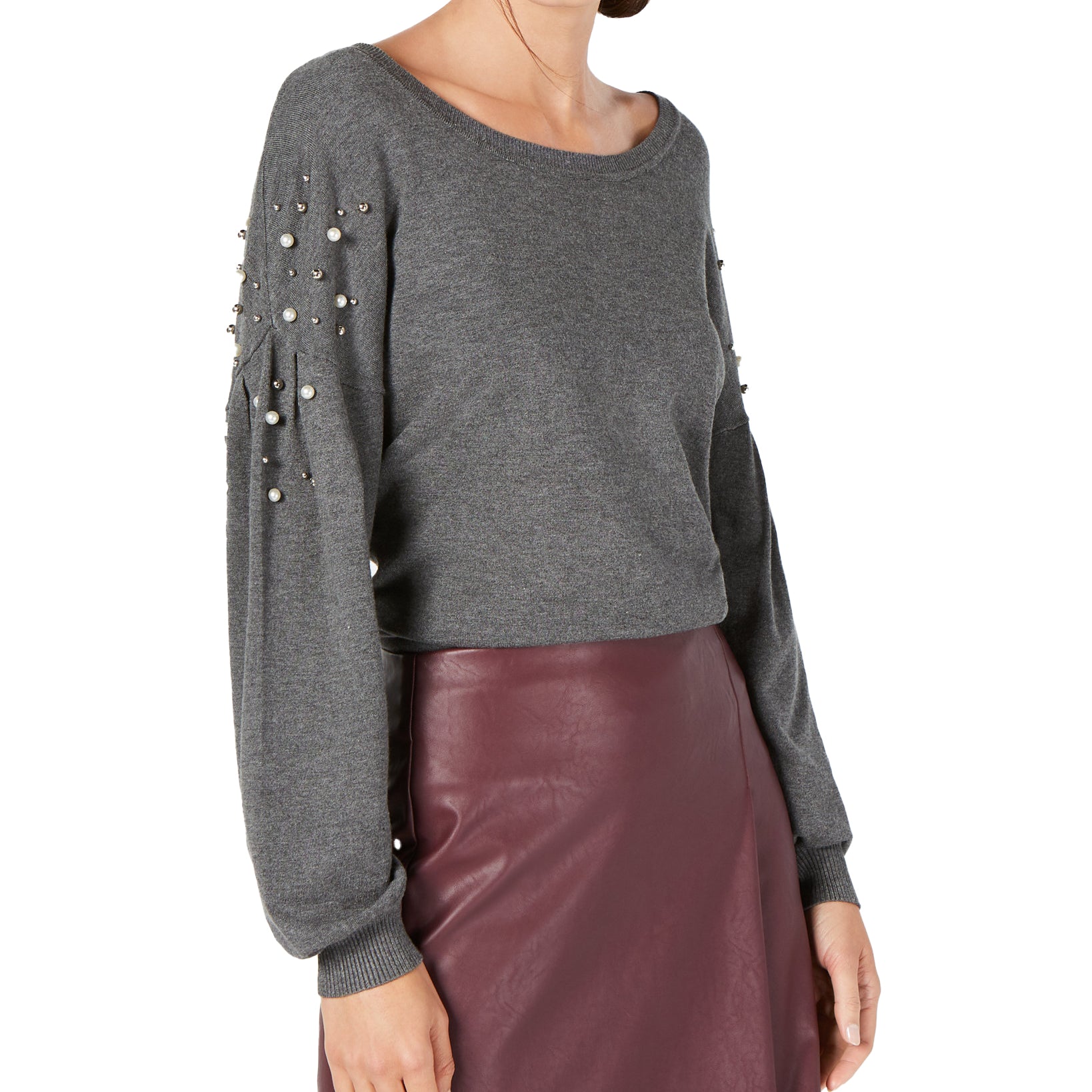 INC International Concepts Women Embellished Balloon Sleeve Sweater Medium Heather Grey