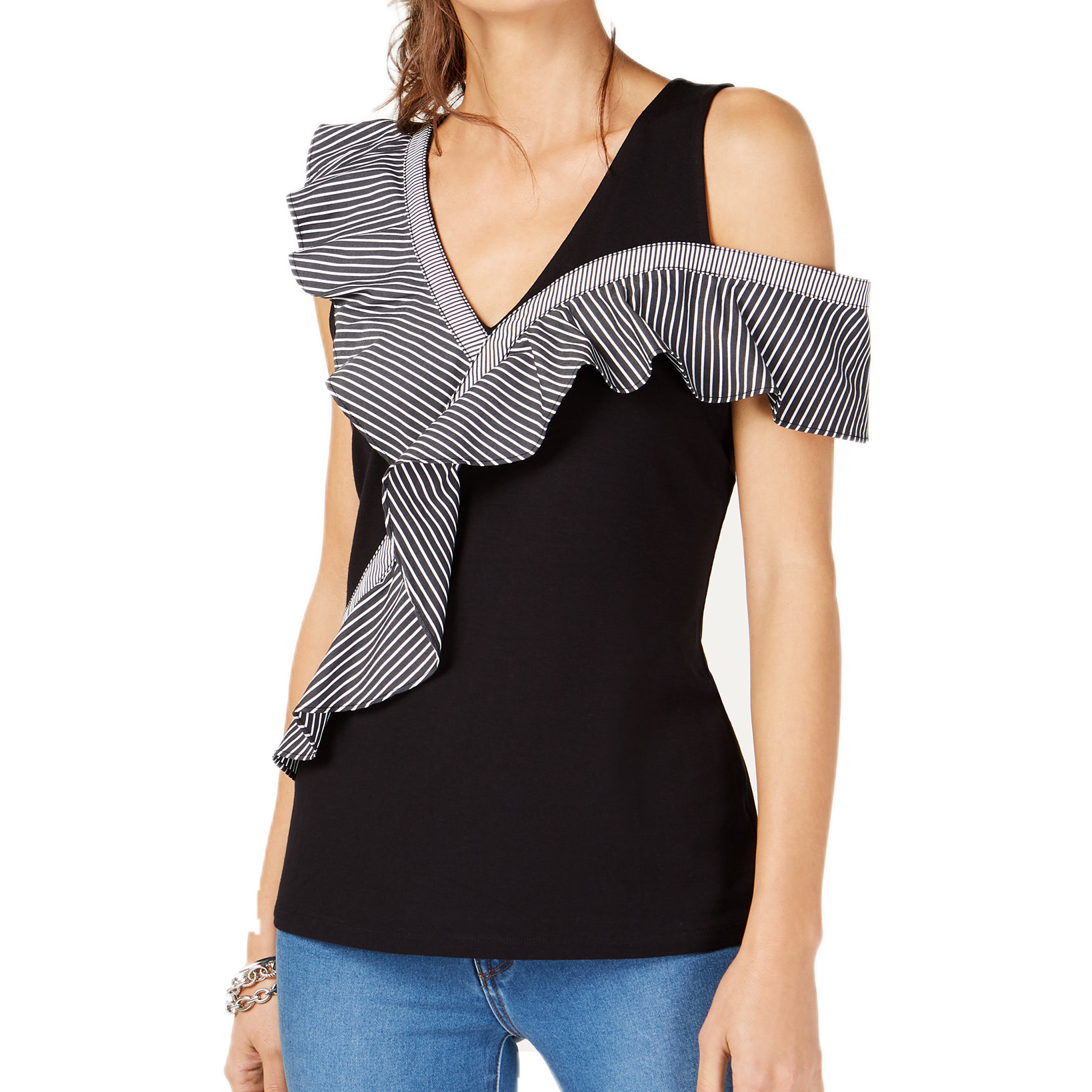 INC International Concepts Women Asymmetrical Ruffle Detail Top Deep Black