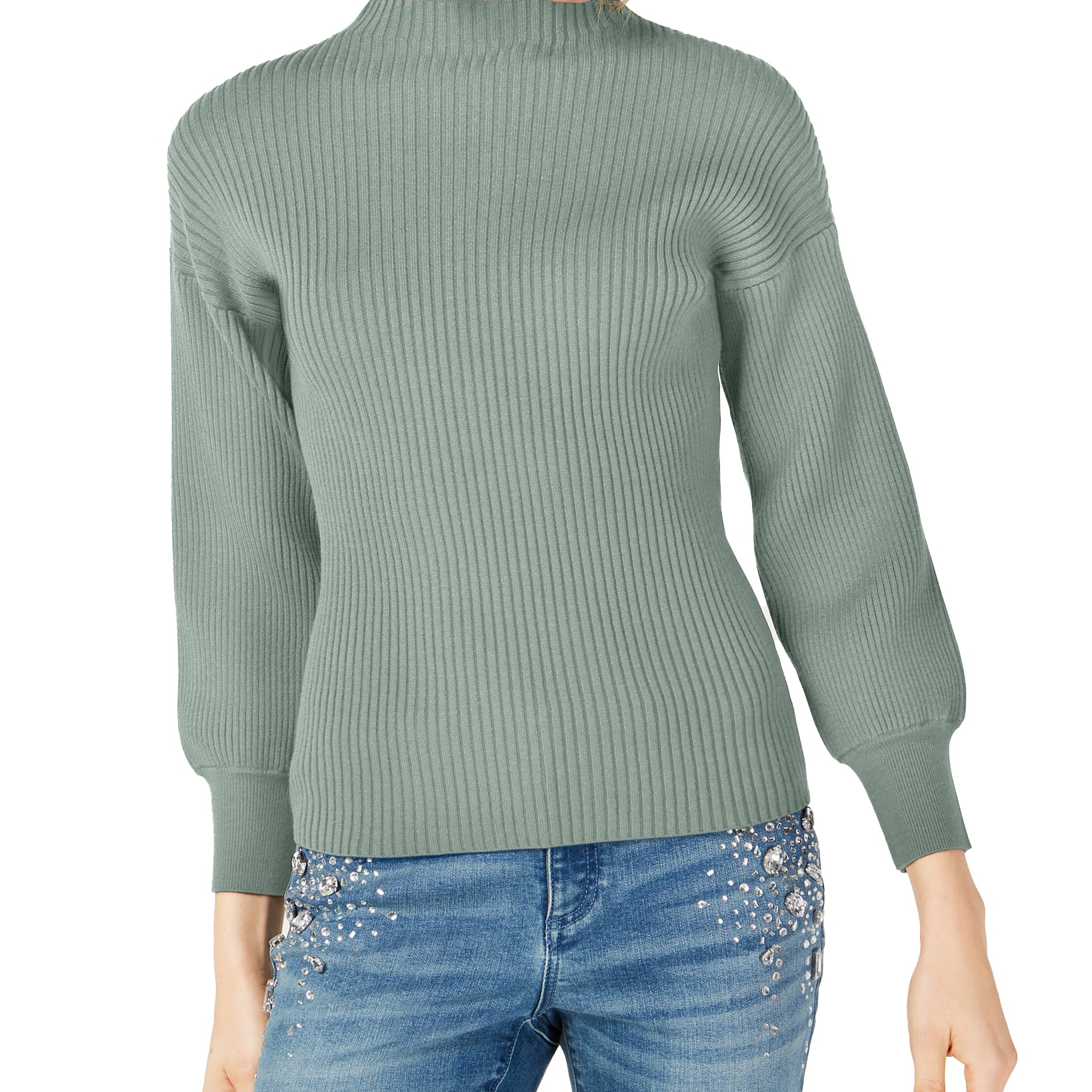 INC International Concepts Women Volume Sleeve Ribbed Sweater Antique Sage