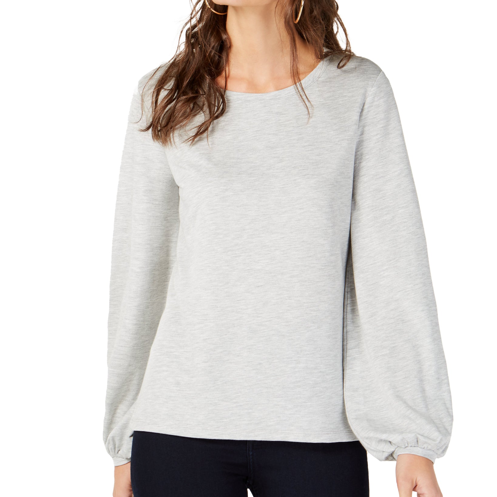 INC International Concepts Women Balloon Sleeve Sweatshirt Heather Belle Grey