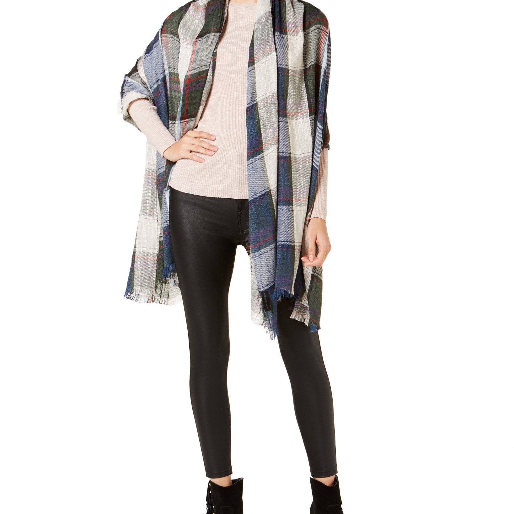 Steve Madden Women Check Made Plaid Travel Scarf & Wrap Navy