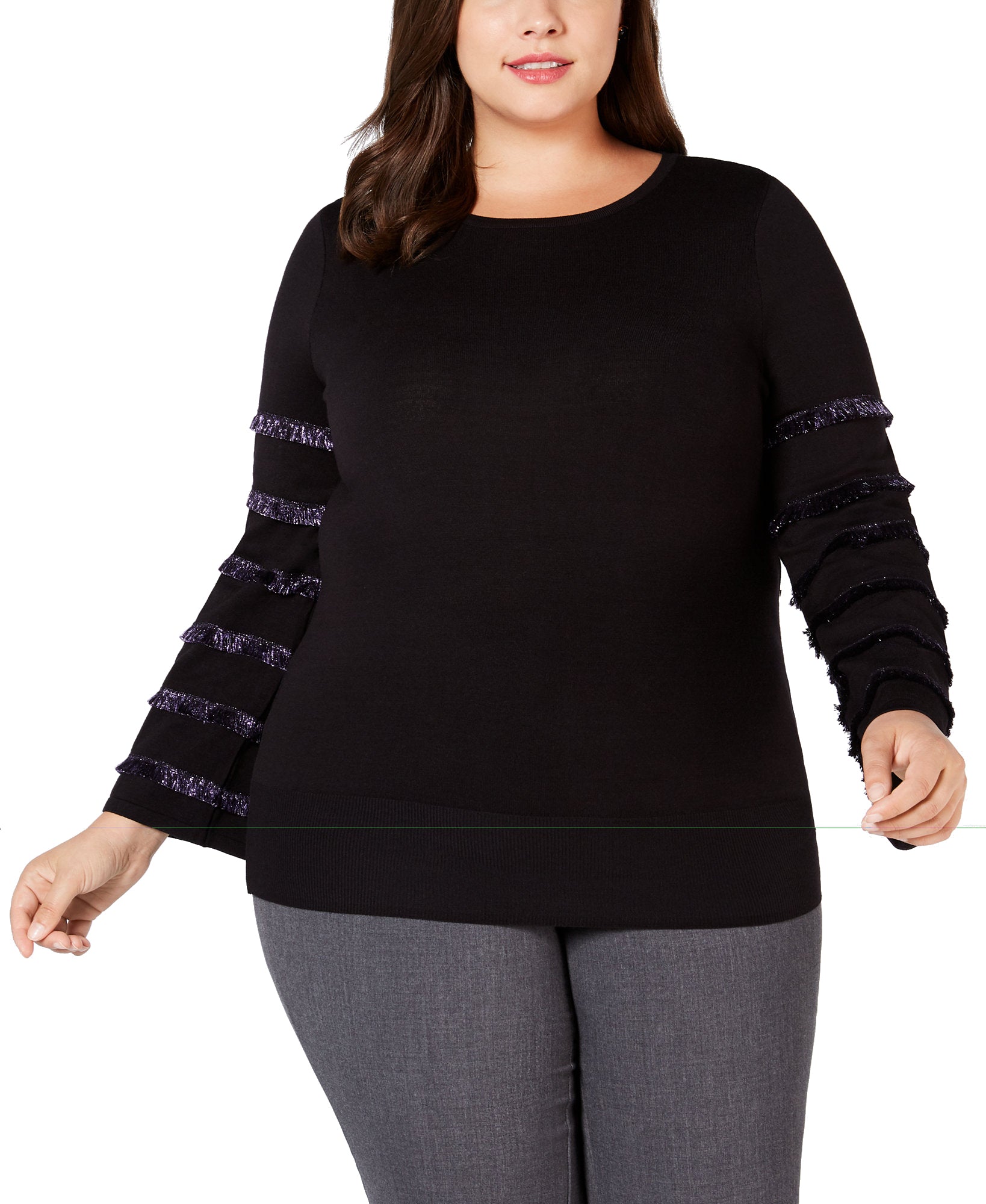 Alfani Women Plus Fringe Sleeve Sweater Black