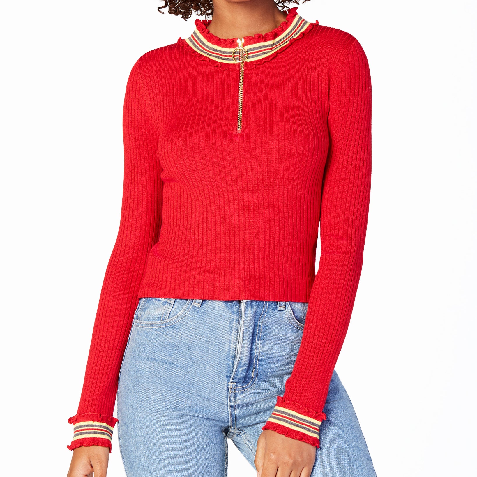 Planet Gold Ribbed Zip Up Sweater Tango Red Combo