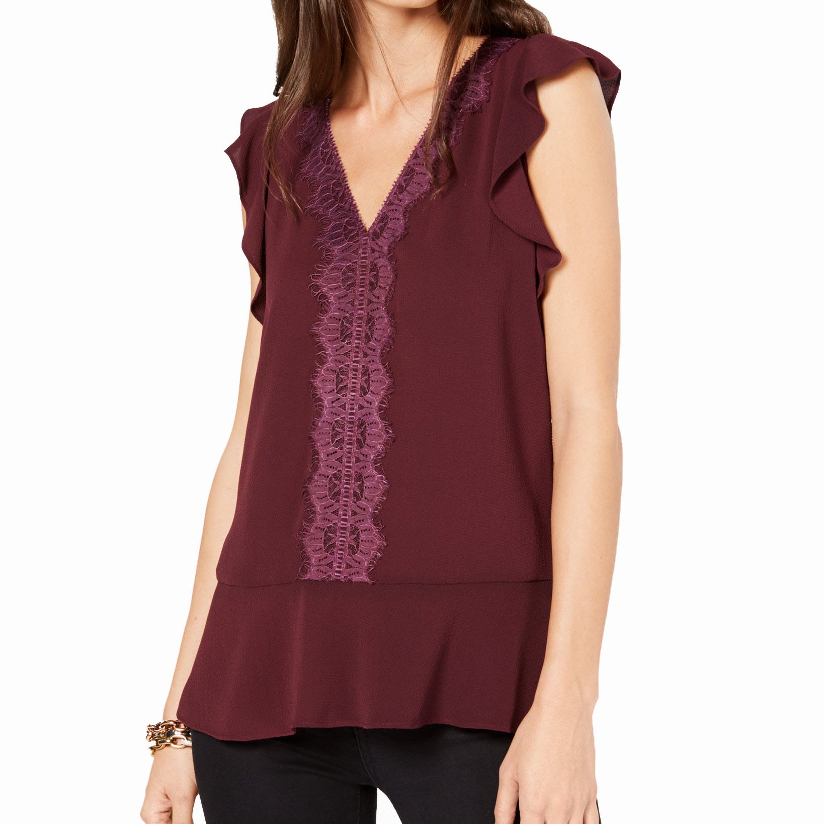 MICHAEL Michael Kors Women V Neck Lace Trim Top Cordovan