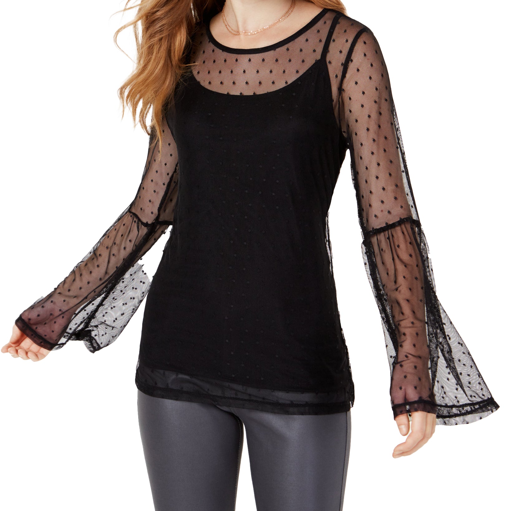 Ultra Flirt Mesh Bell Sleeve Top Black