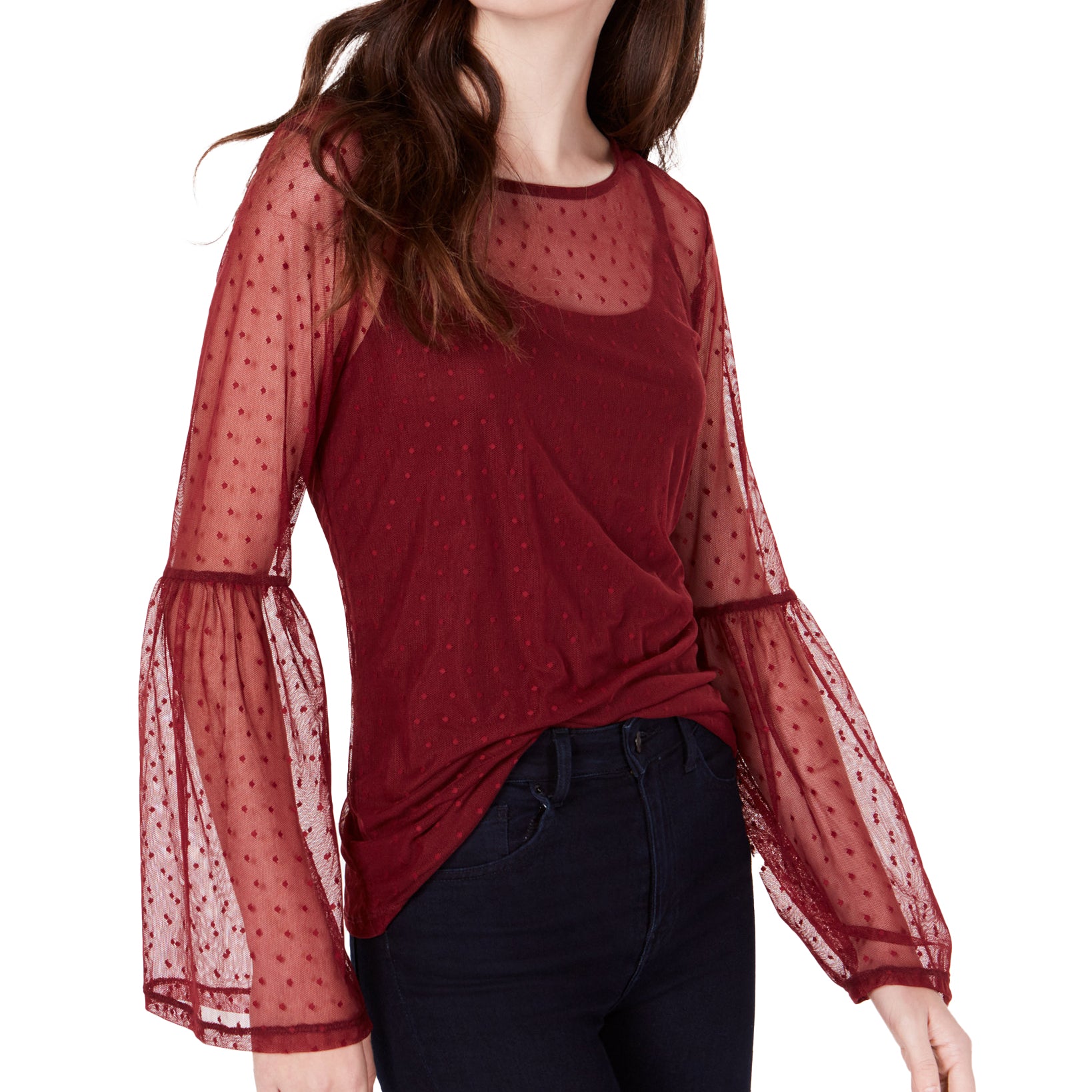 Ultra Flirt Mesh Bell Sleeve Top Zinfandel