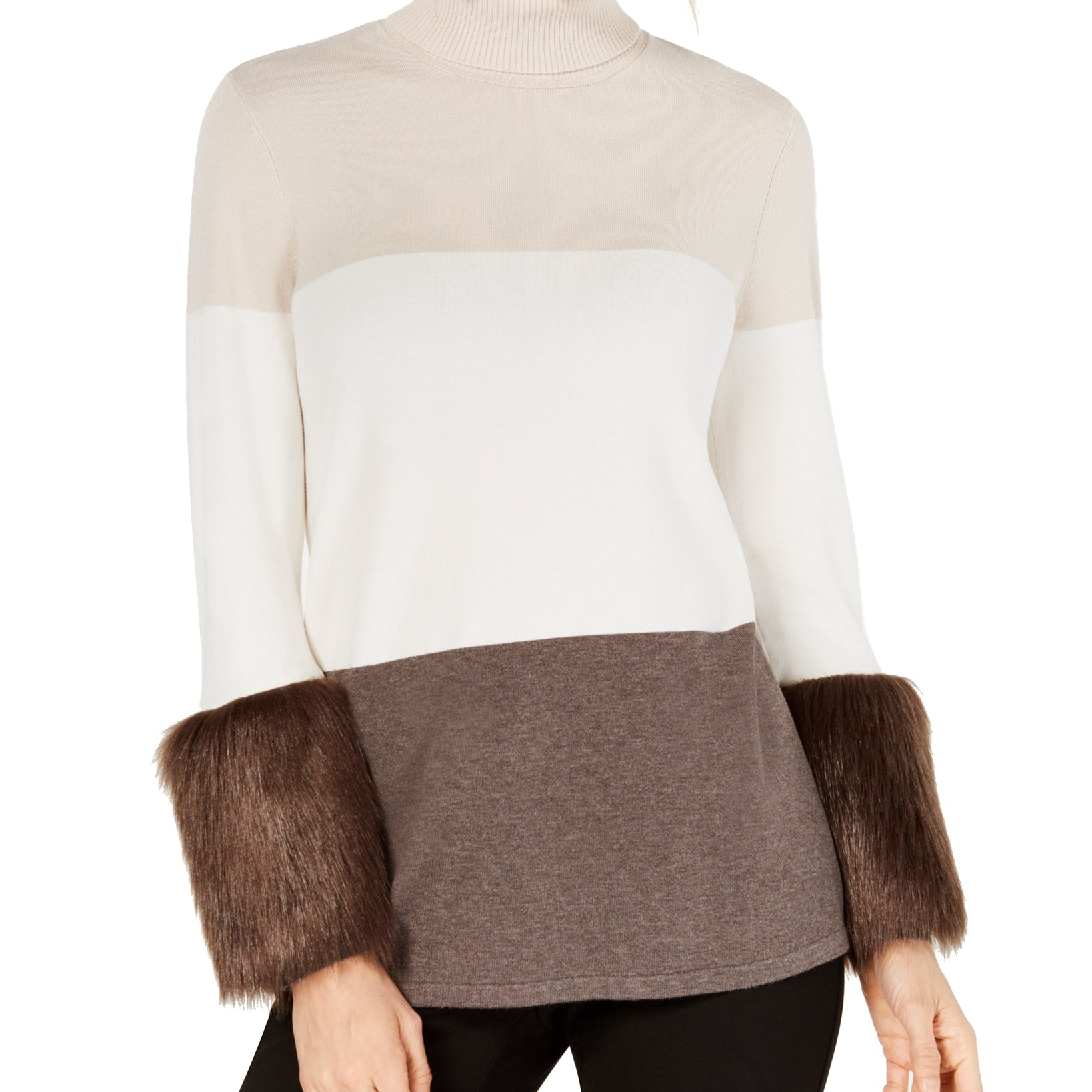 Alfani Women Colorblock Faux Fur Cuff Sweater Zinc Cloud