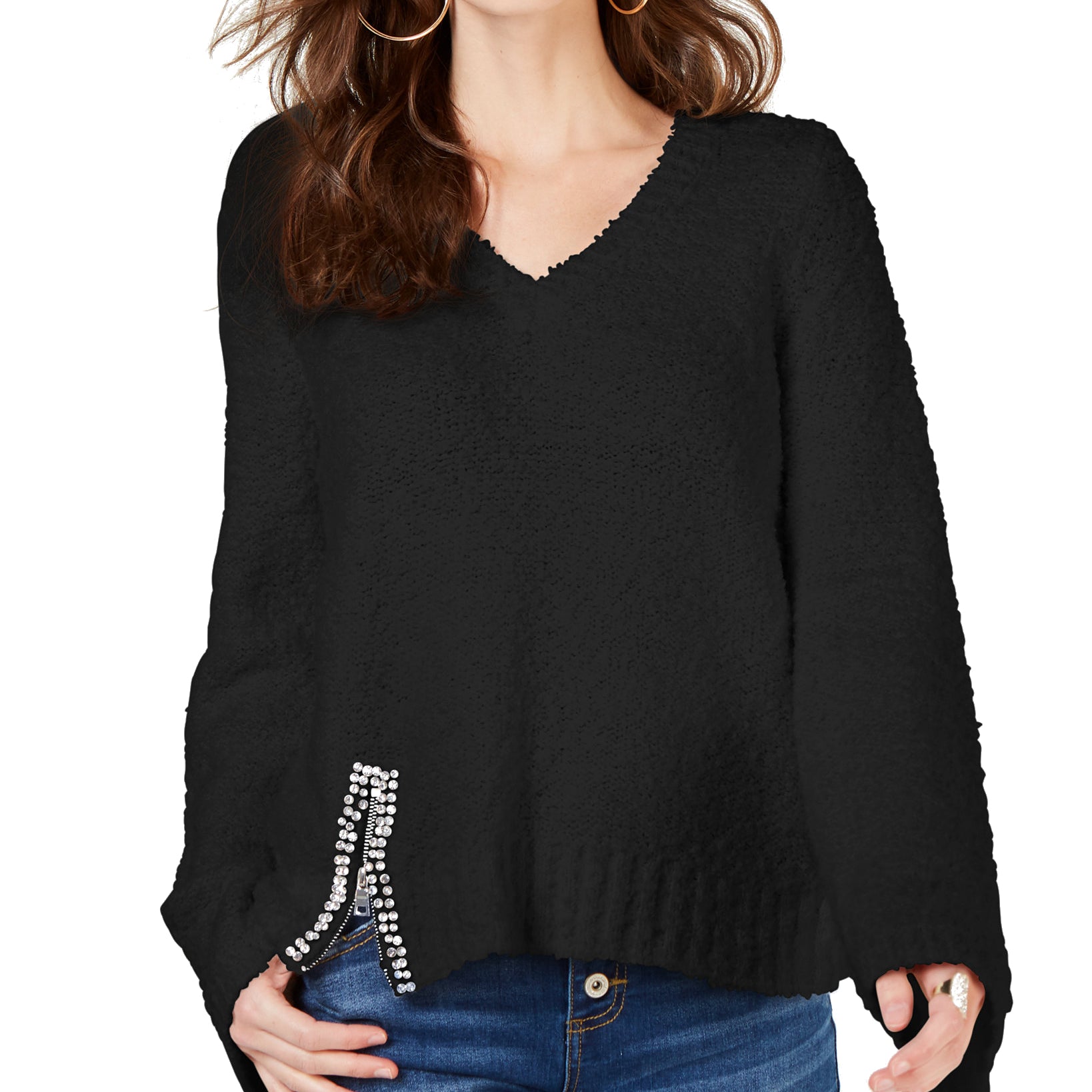 INC International Concepts Women Embellished Popcorn Sweater Deep Black