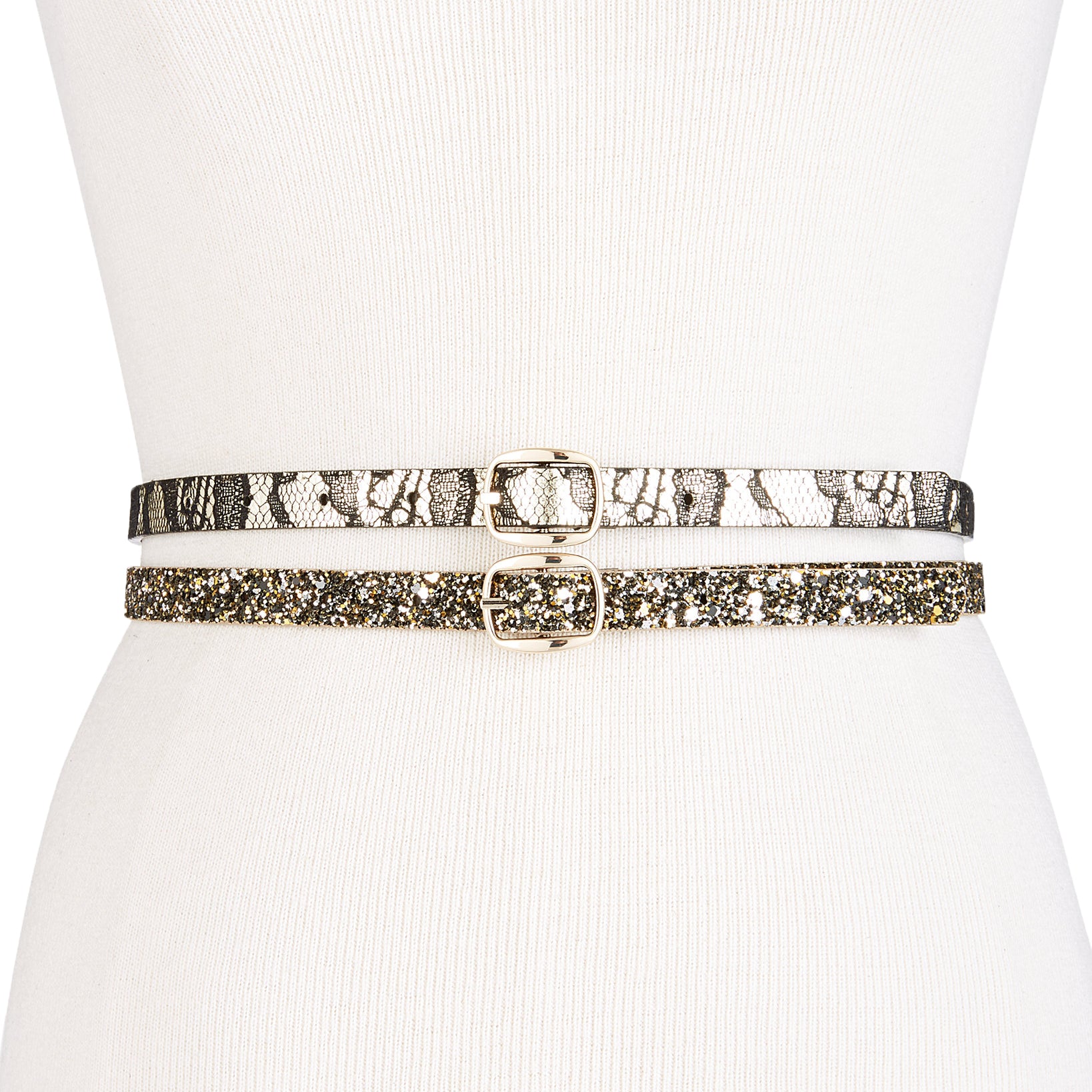 INC International Concepts Women Glitter & Lace 2 for 1 Skinny Belts Gold