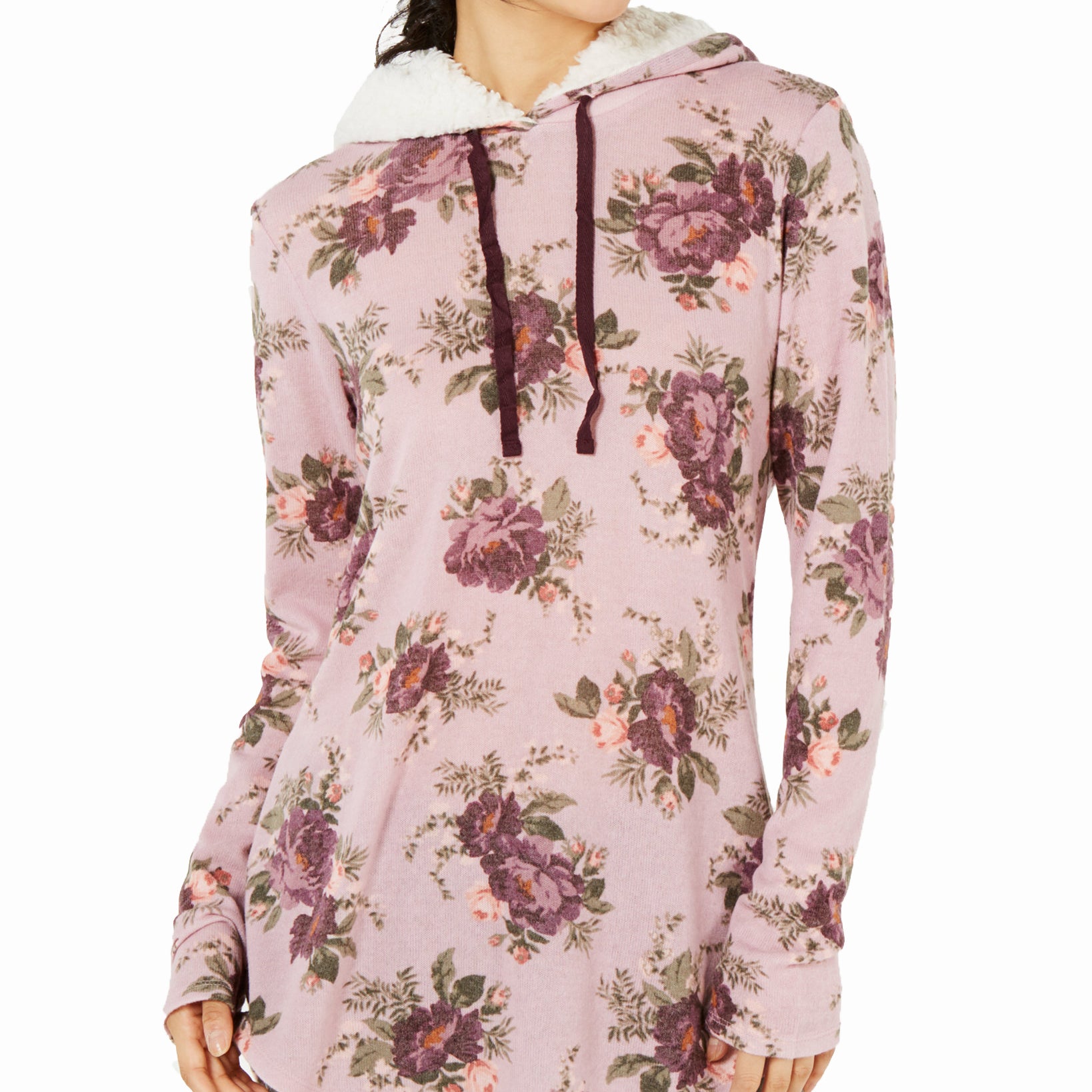 Ultra Flirt Printed Faux Sherpa Trimmed Hoodie Pink Floral