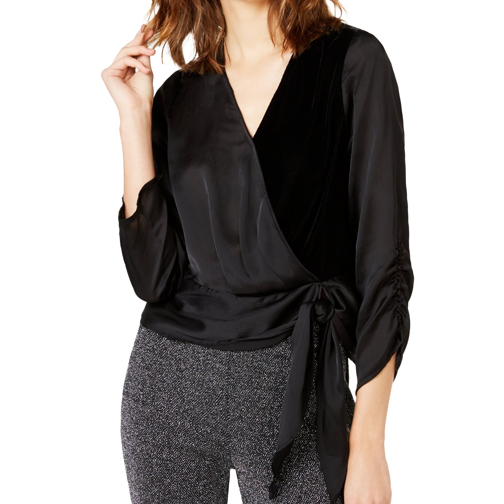 INC International Concepts Women Velvet Wrap Top Deep Black