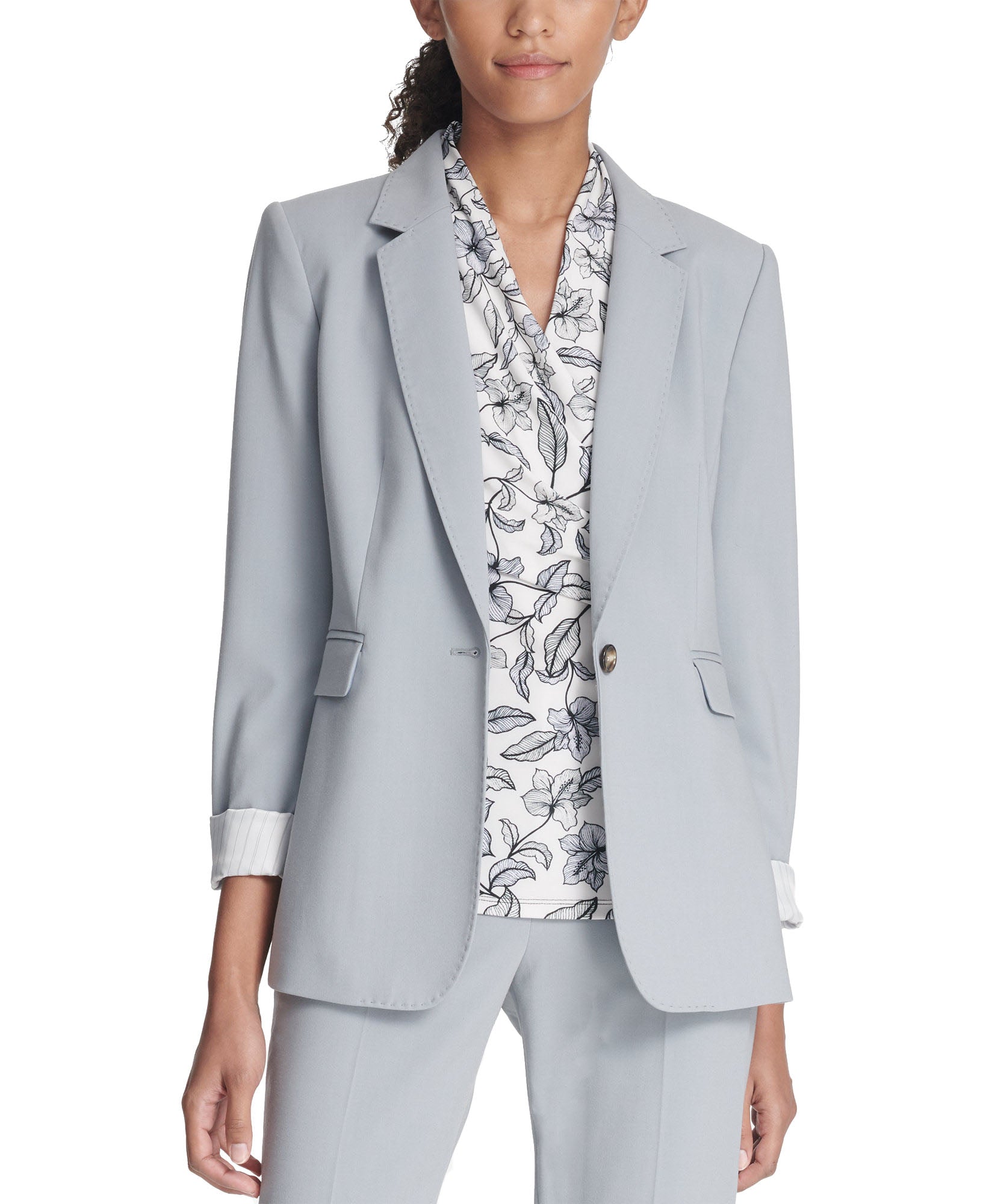 DKNY Women One Button Jacket With Striped Cuffs Celeste Blue