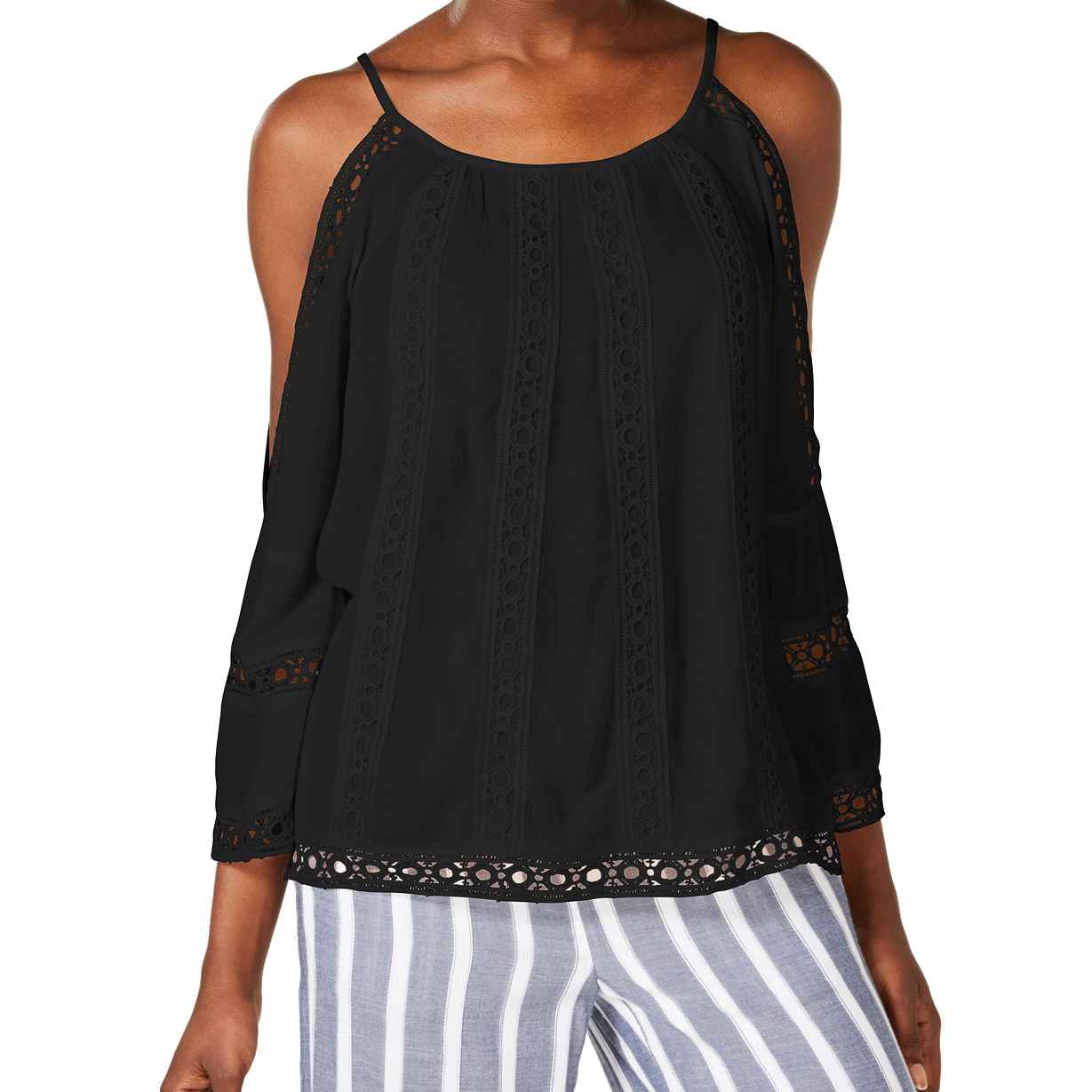 INC International Concepts Women Crocheted Cold Shoulder Peasant Top Deep Black
