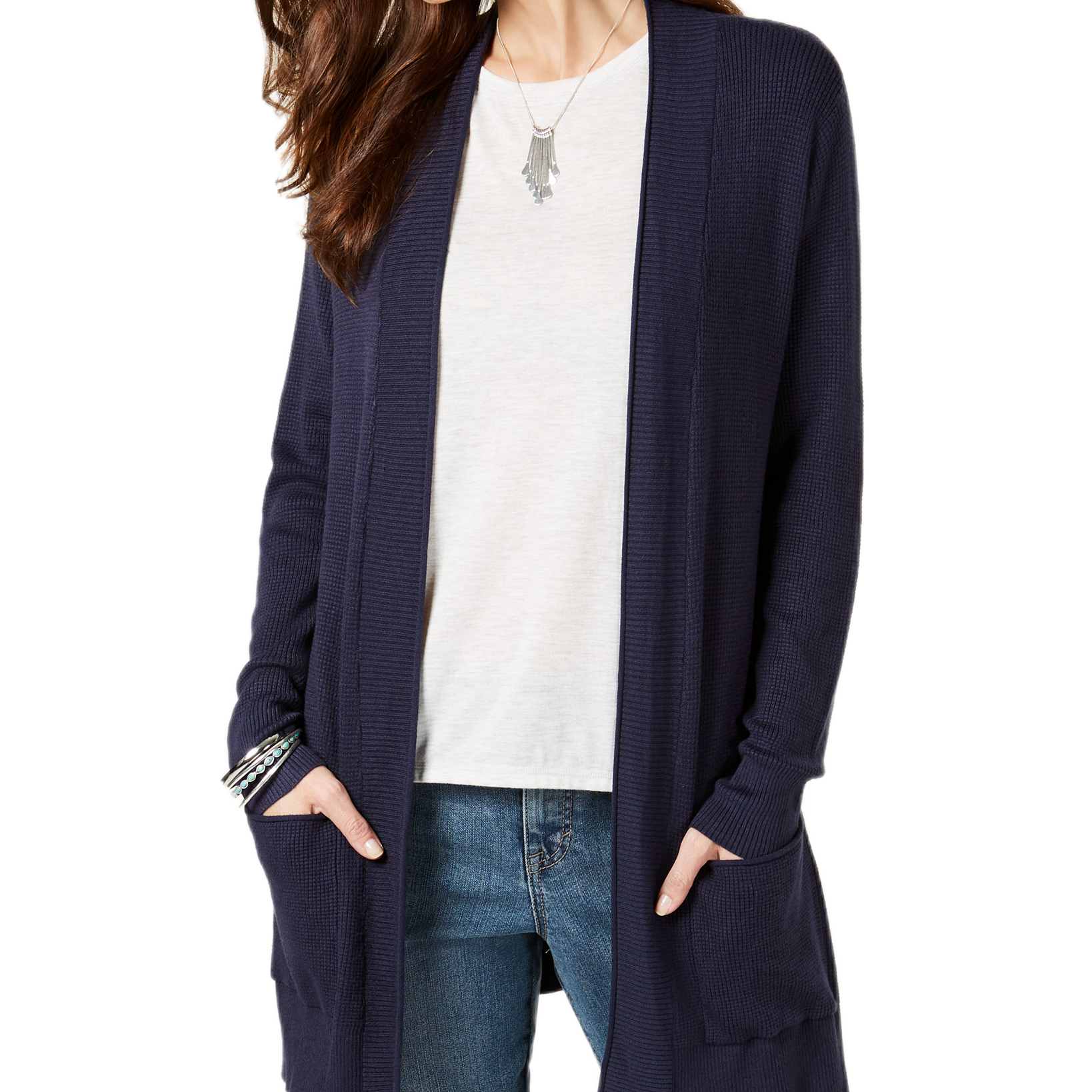 Style & Co Women Long Thermal Stitch Cardigan Sweater Industrial Blue