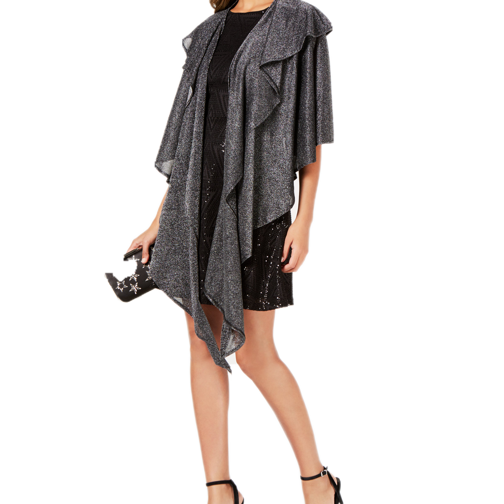 Cejon Women Double Draped Sparkle Knit Wrap Black