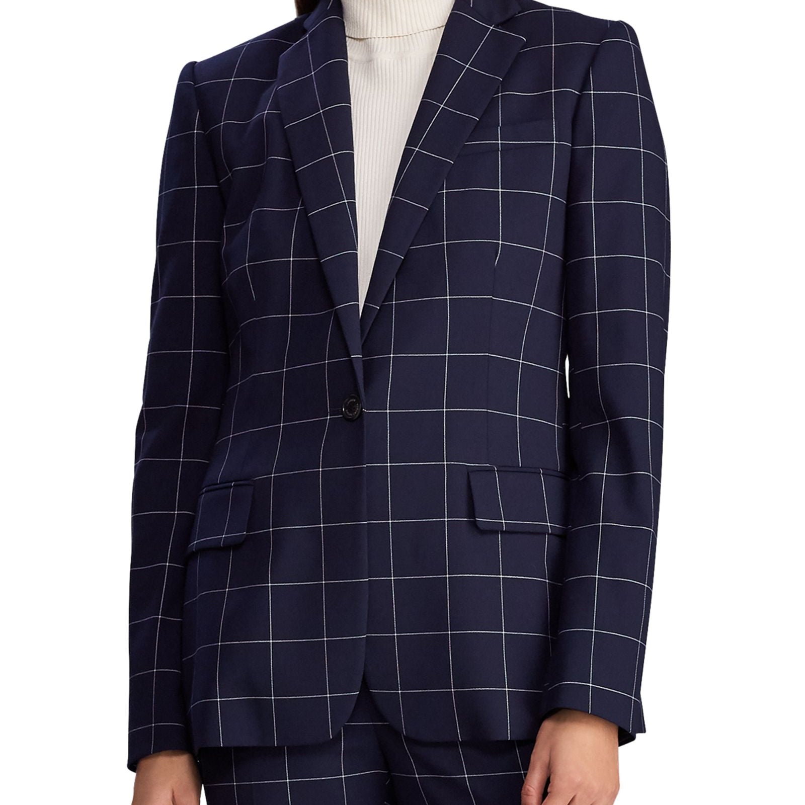 LAUREN Ralph Lauren Women Windowpane Check Blazer Navy Cream