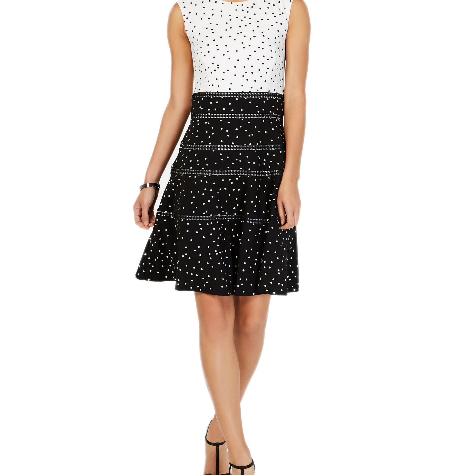 Taylor Women Polka Dot Fit & Flare Dress Black White