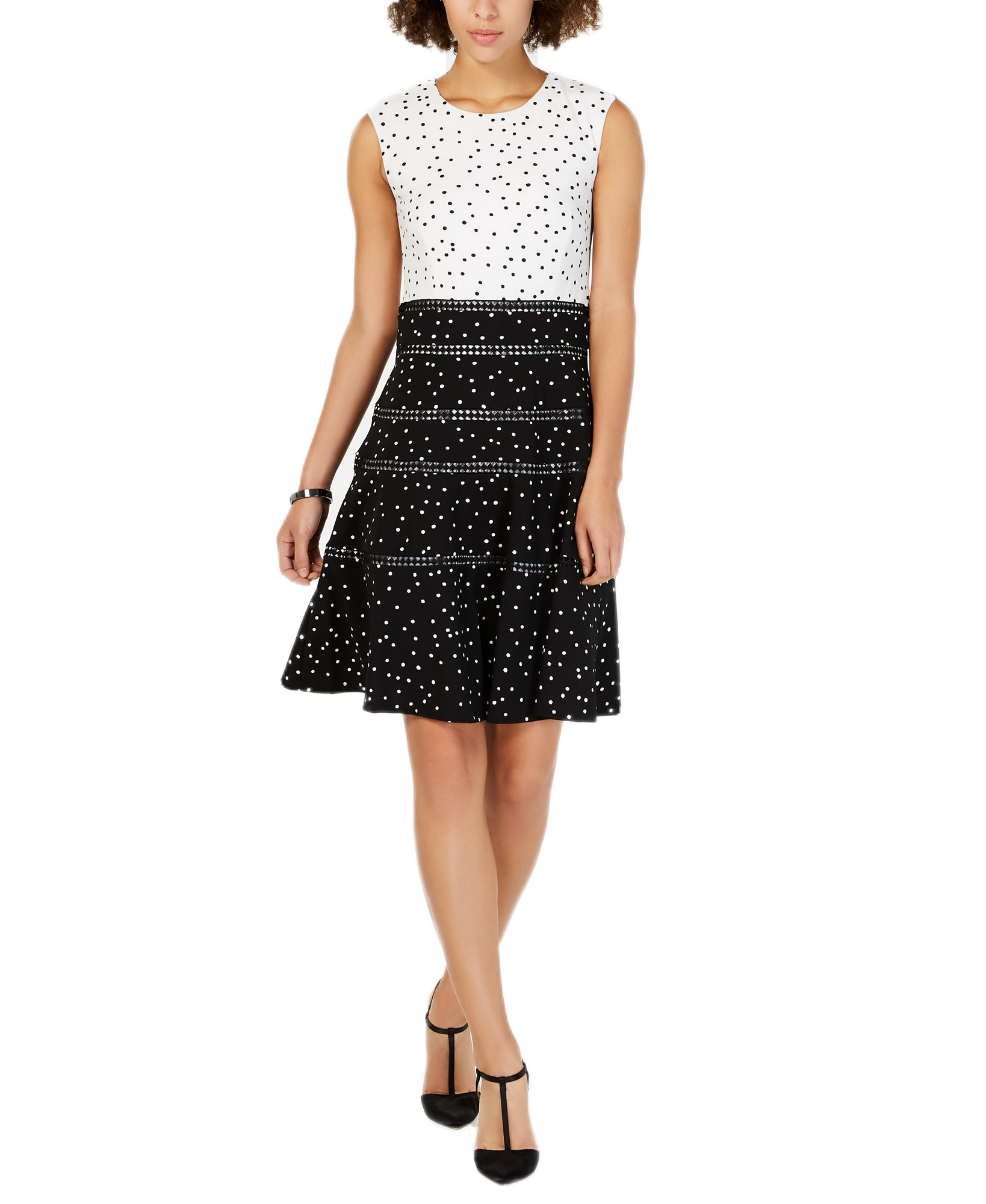 Taylor Women Polka Dot Fit & Flare Dress Black White