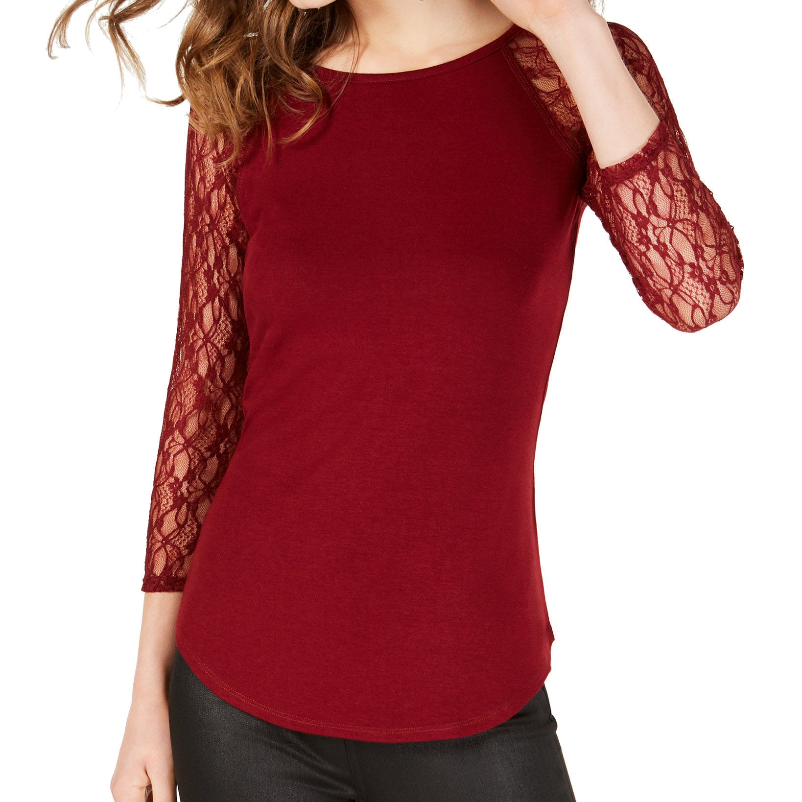 Crave Fame Women Lace Sleeved Baseball T Shirt Dark Wine