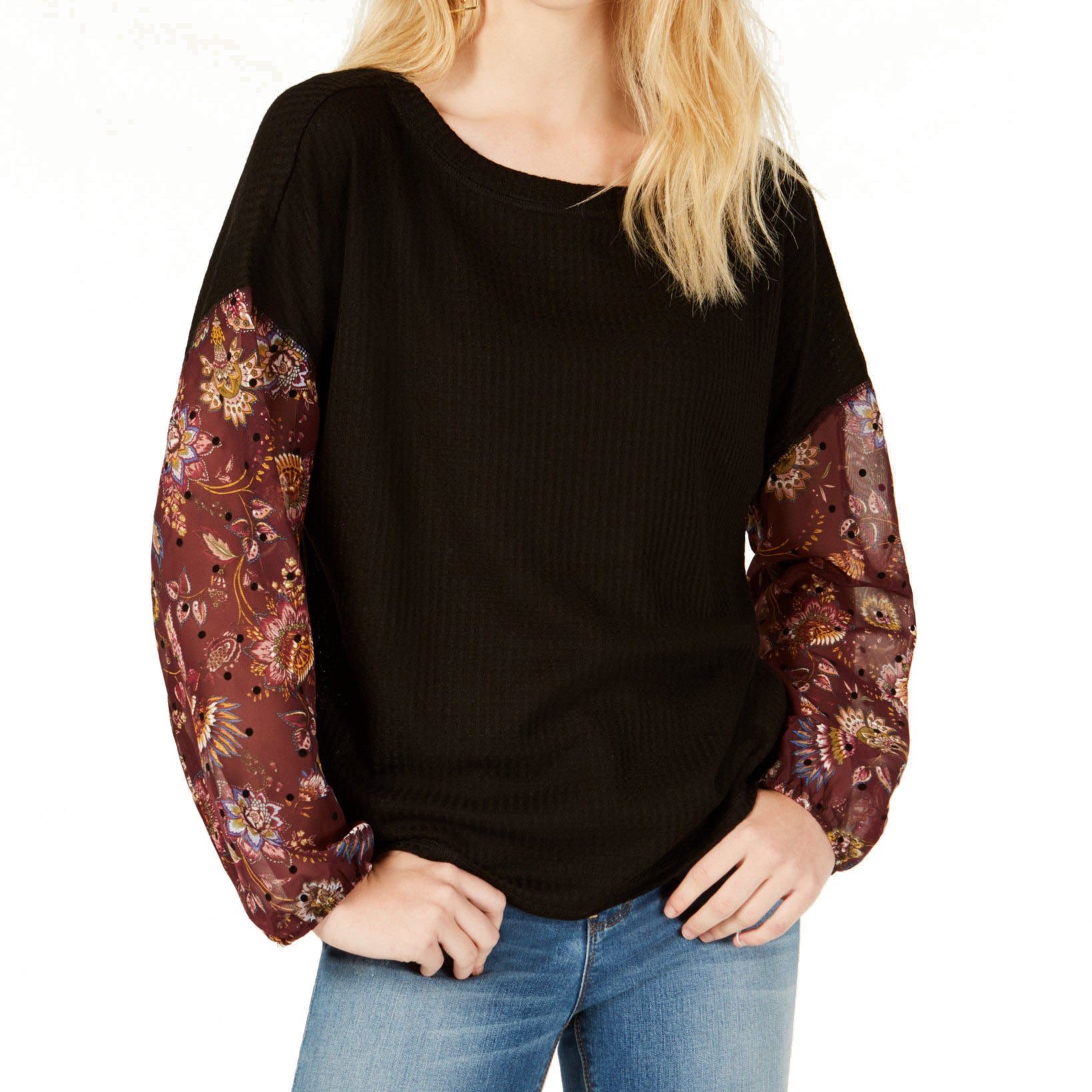Gypsies & Moondust Juniors Waffle Knit Sheer Sleeve Top Black Burgundy