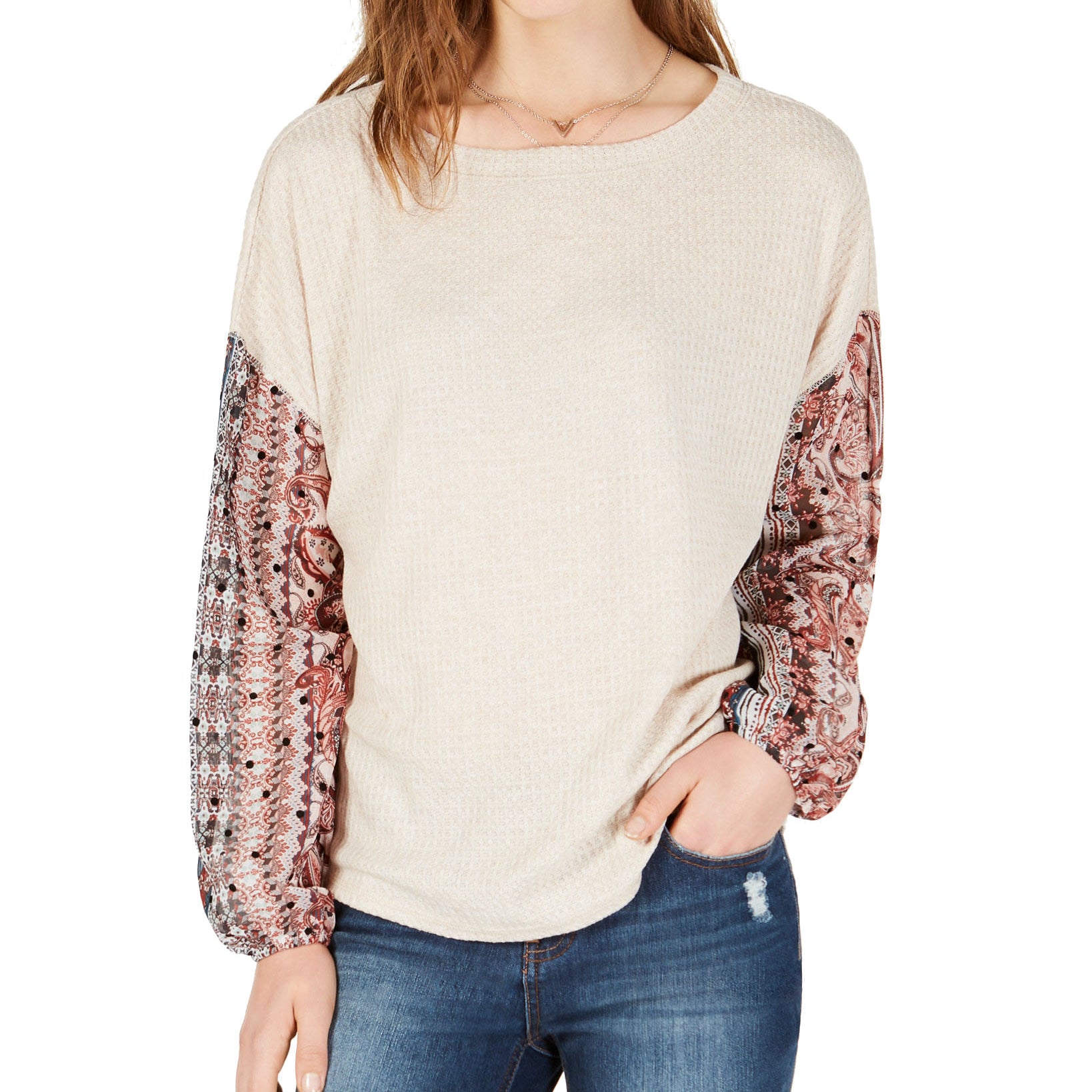 Gypsies & Moondust Juniors Waffle Knit Sheer Sleeve Top Oatmeal