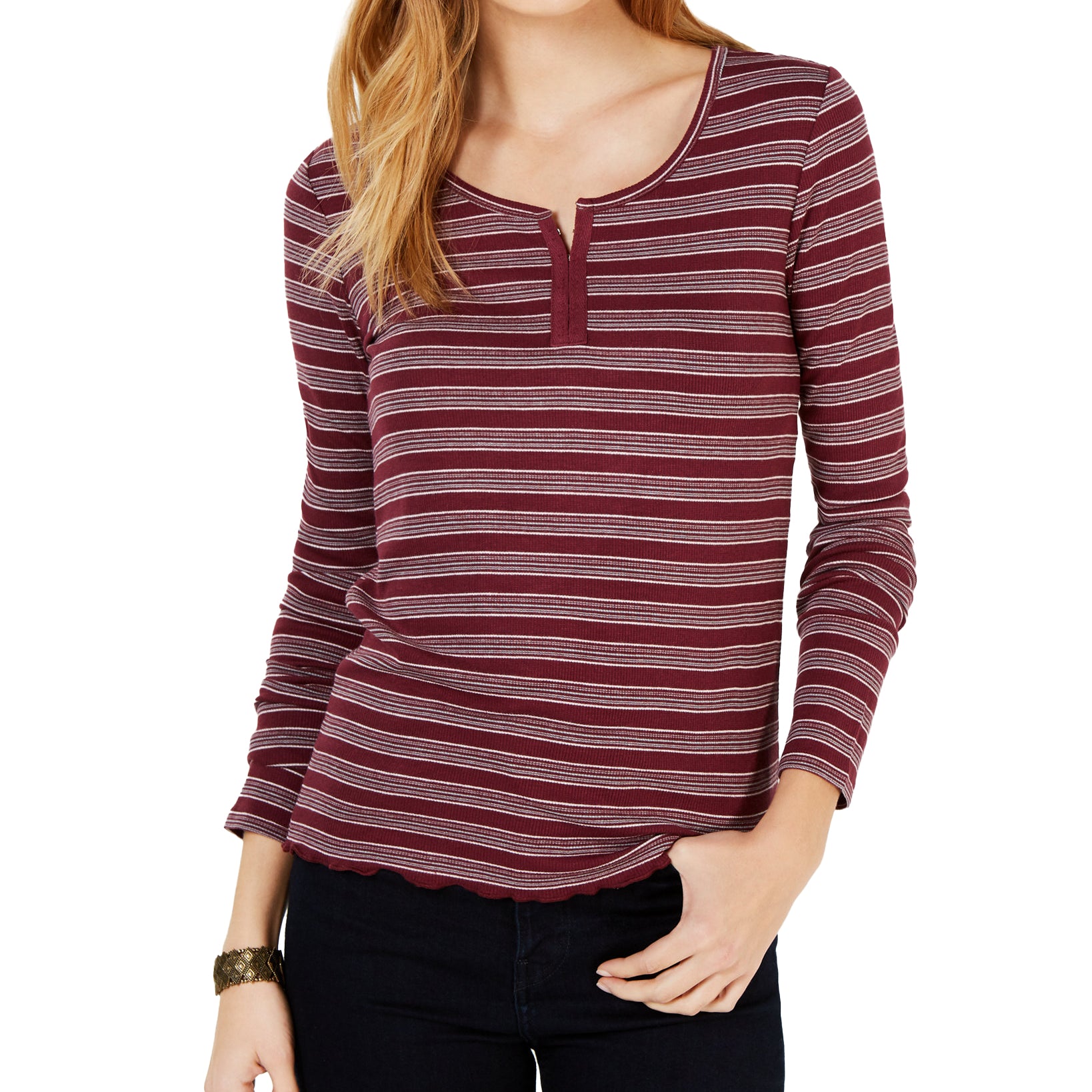Hippie Rose Women Rib Knit Henley T Shirt Dark Cherry
