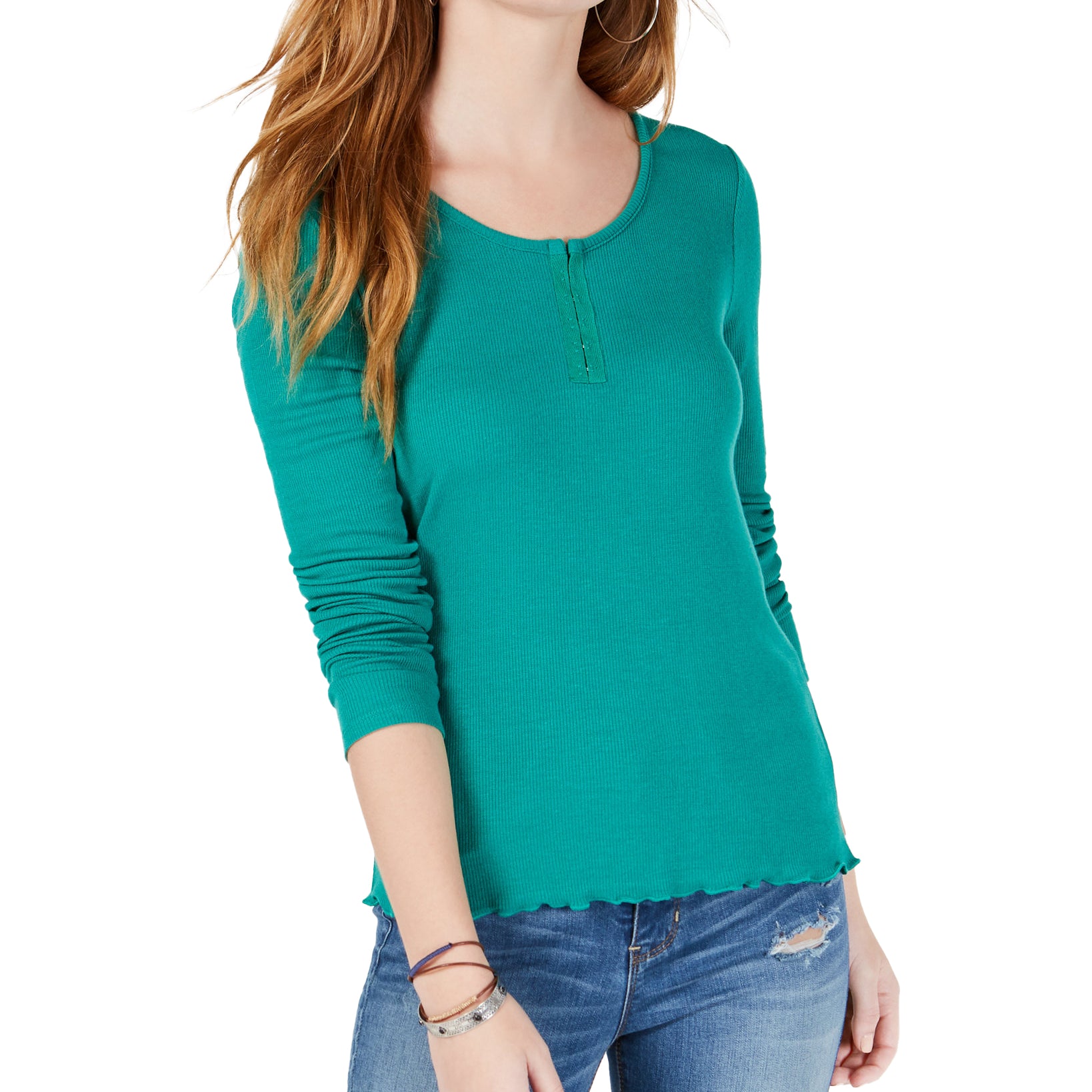 Hippie Rose Women Rib Knit Henley T Shirt Green Beach