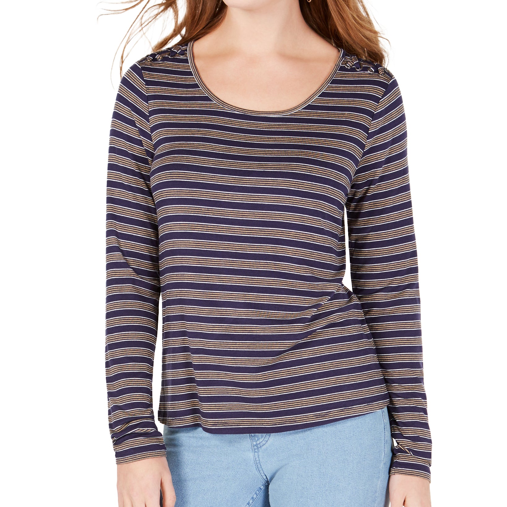 Hippie Rose Striped Lace Up Shoulder Top Navy Combo