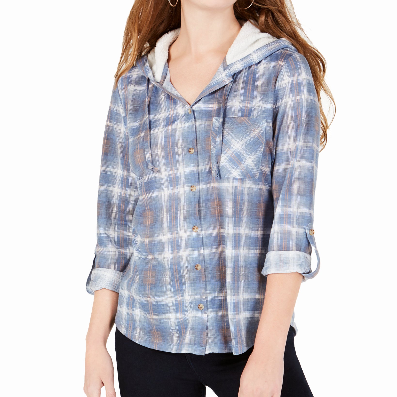 Polly & Esther Plaid Faux Fur Trimmed Hoodie Blue Ivory