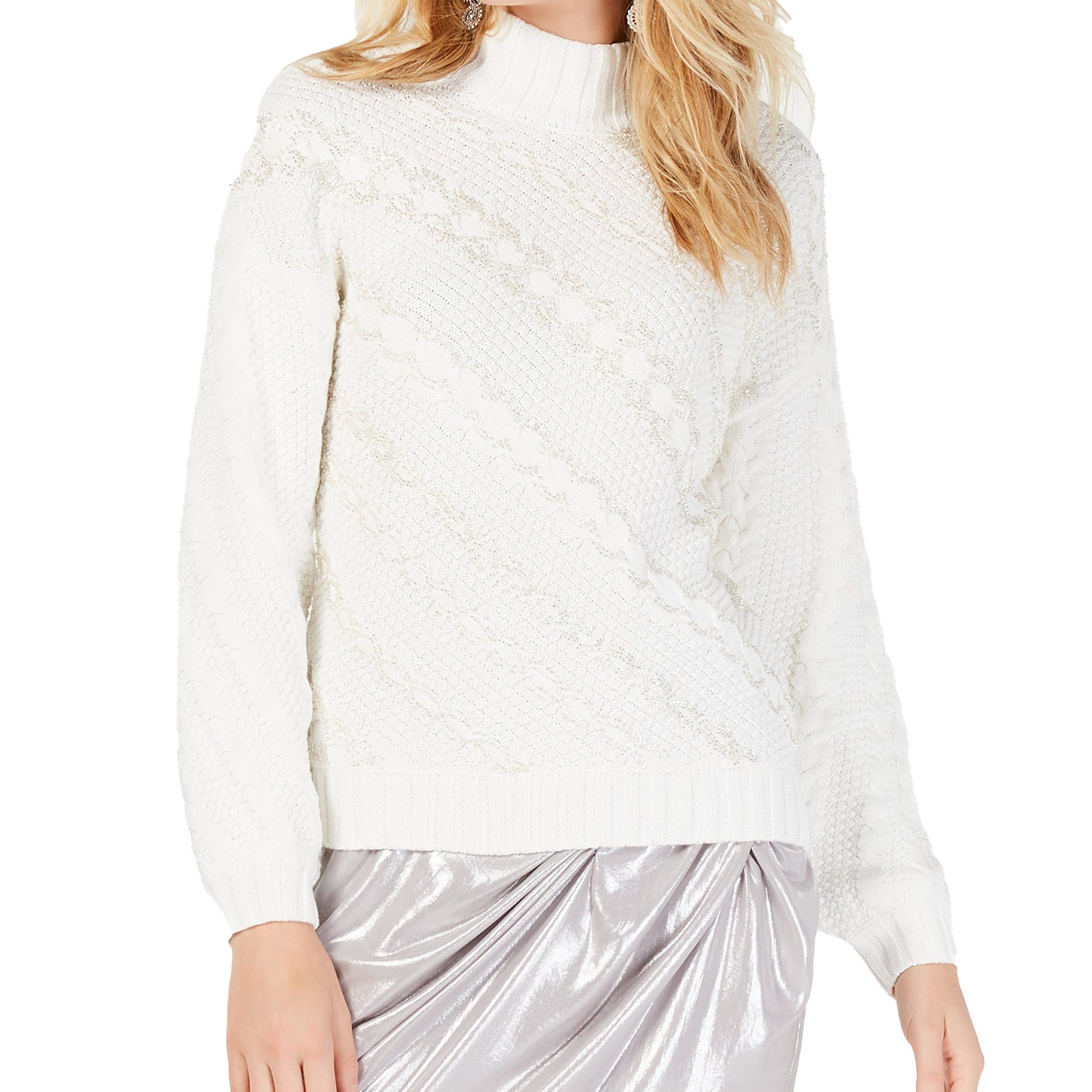 INC International Concepts Women Cable Knit Pullover Sweater Washed White
