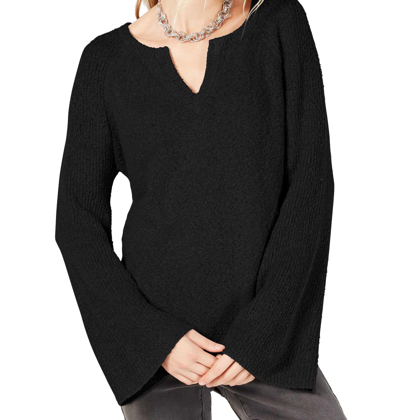 INC International Concepts Women Textured Bell Sleeve Sweater Deep Black