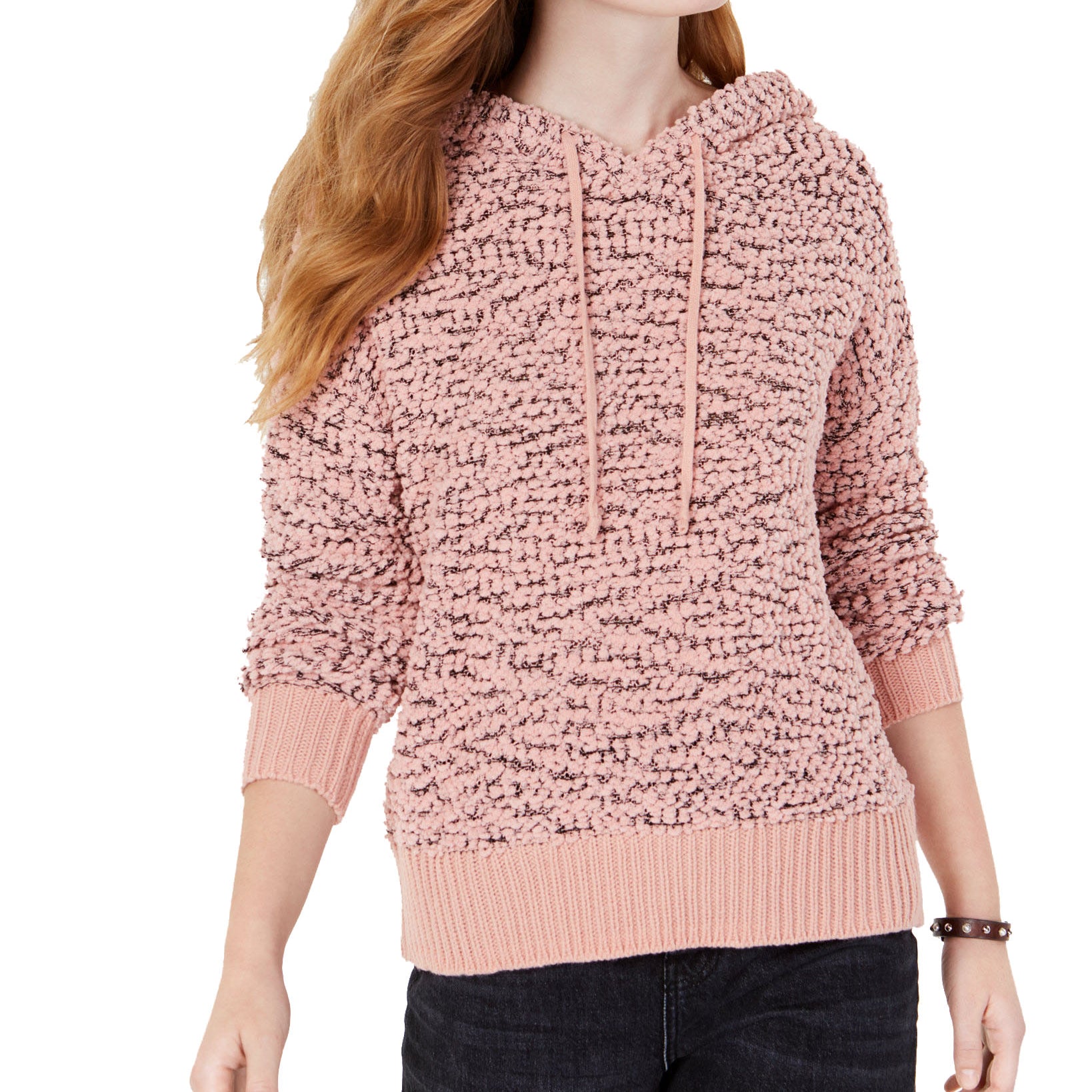 Hooked Up by IOT Popcorn Knit Hoodie Rose Tan