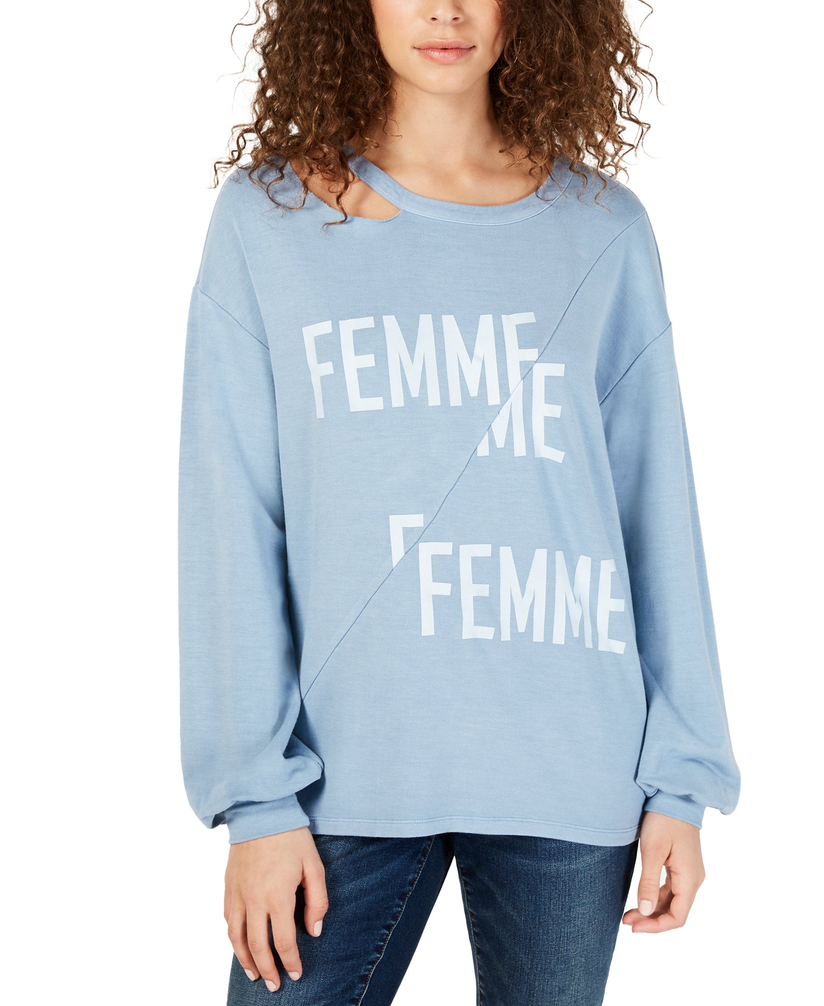 INC International Concepts Women Cutout Neck Graphic Sweatshirt Blue Seashell