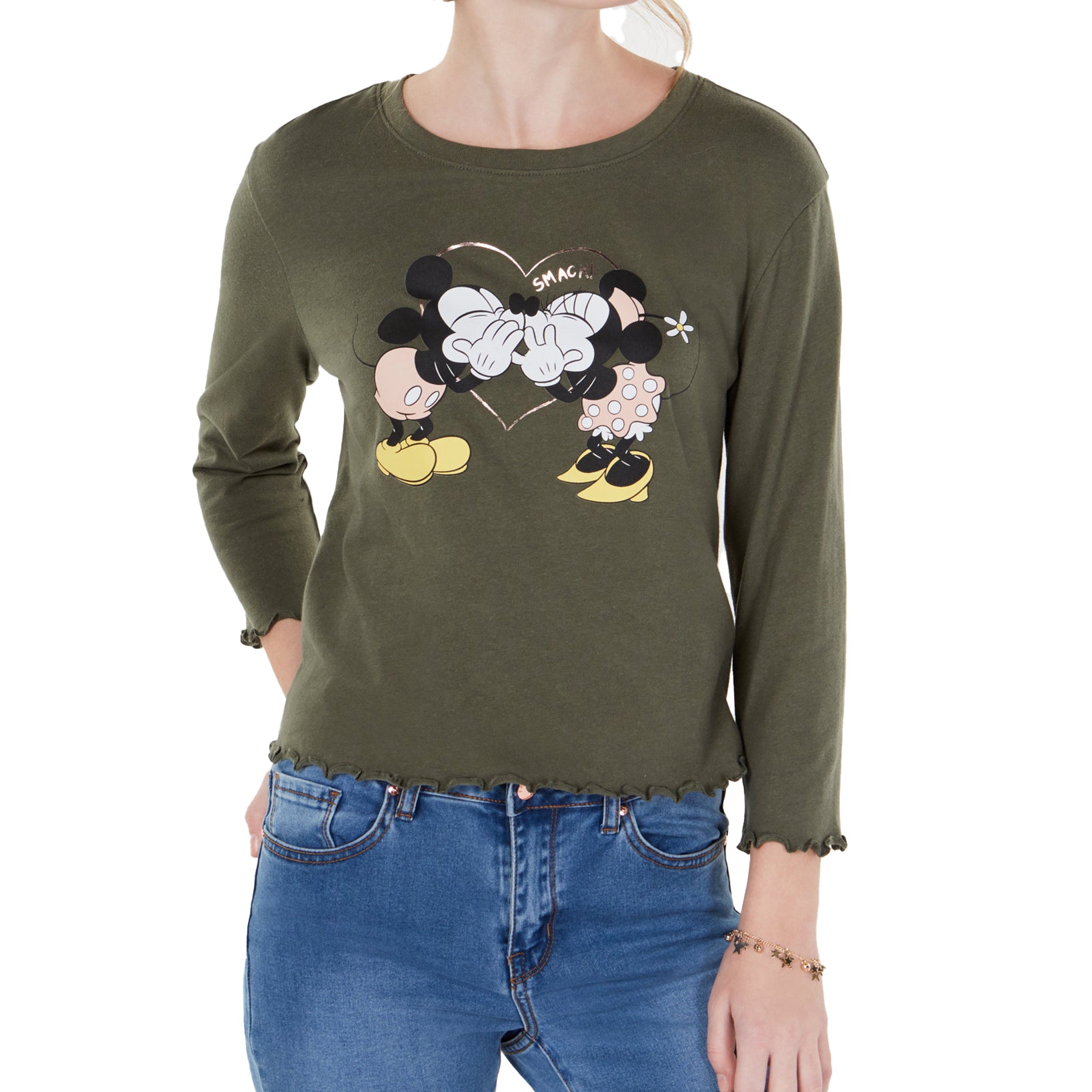 Love Tribe Disney Mickey & Minnie Mouse Lettuce Edge Graphic T Shirt Dusty Olive