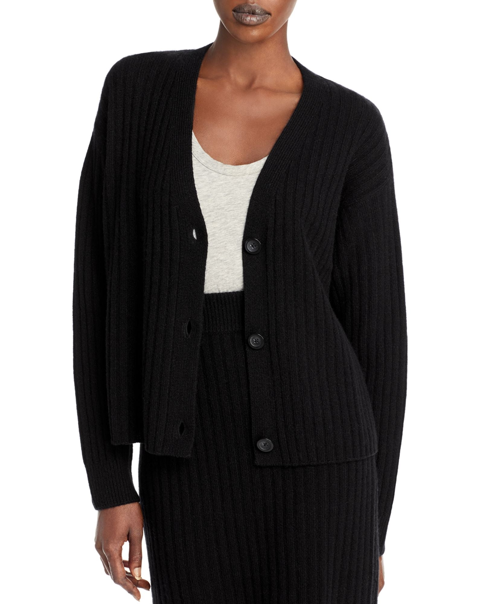 C by Bloomingdales Women Ribbed Cashmere Cardigan 100% Exclusive Black