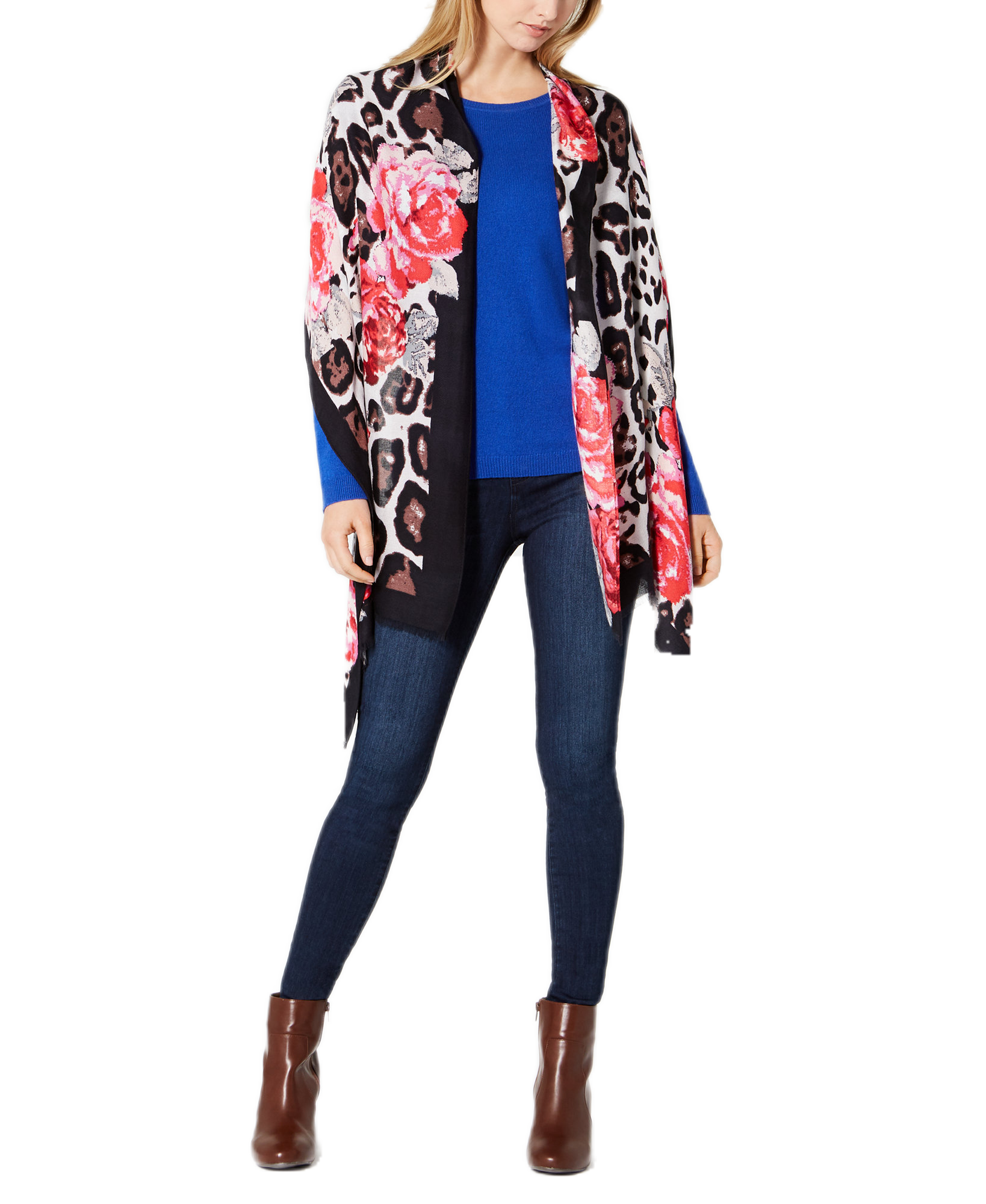 INC International Concepts Women Floral Leopard Print Scarf & Wrap in One Red