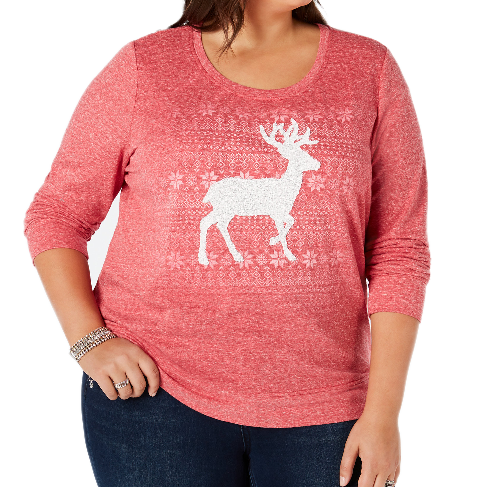Style & Co Women Plus Reindeer Sweatshirt Canyon Red