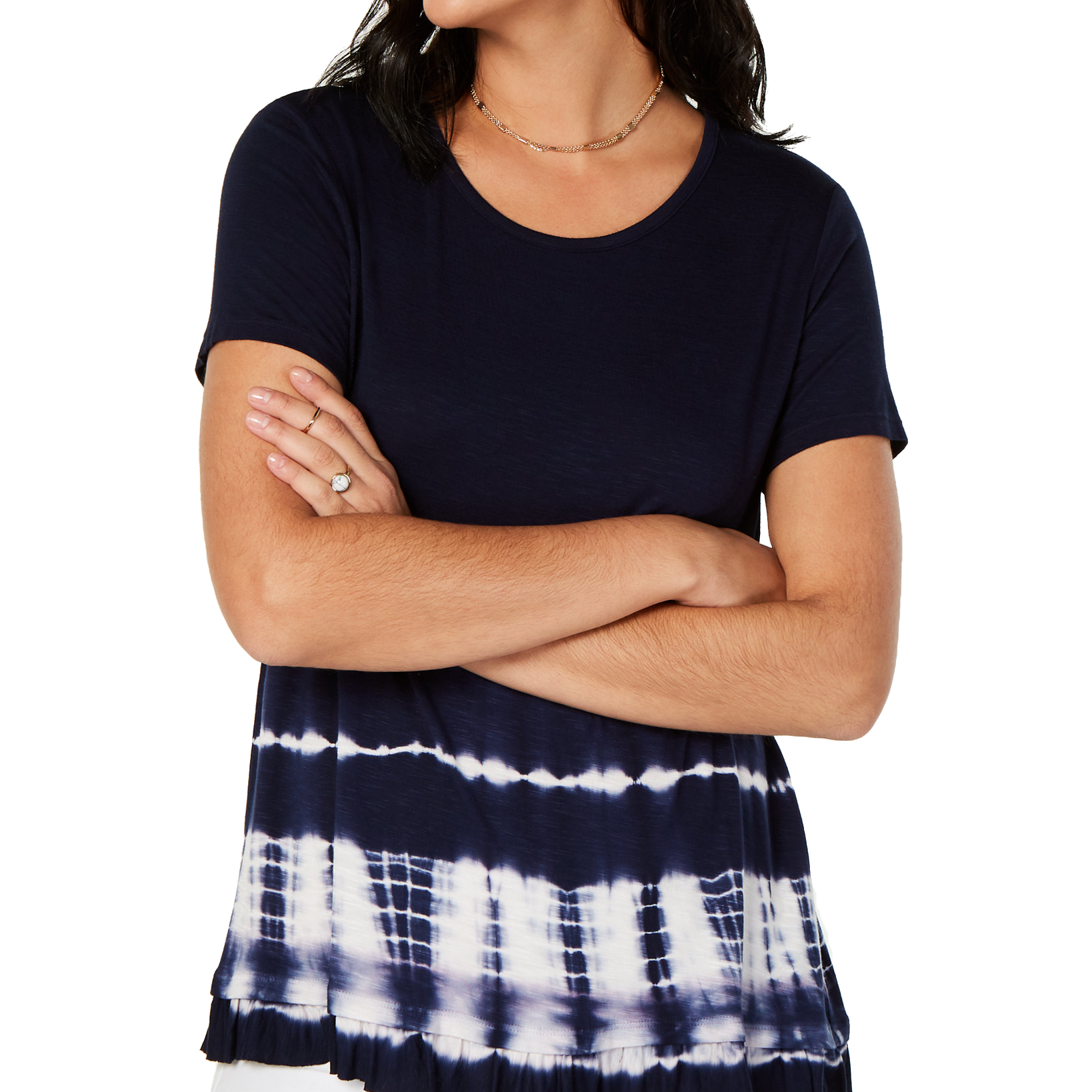 Style & Co Tie Dyed Ruffle Hem T Shirt Variegated Industrial Blue