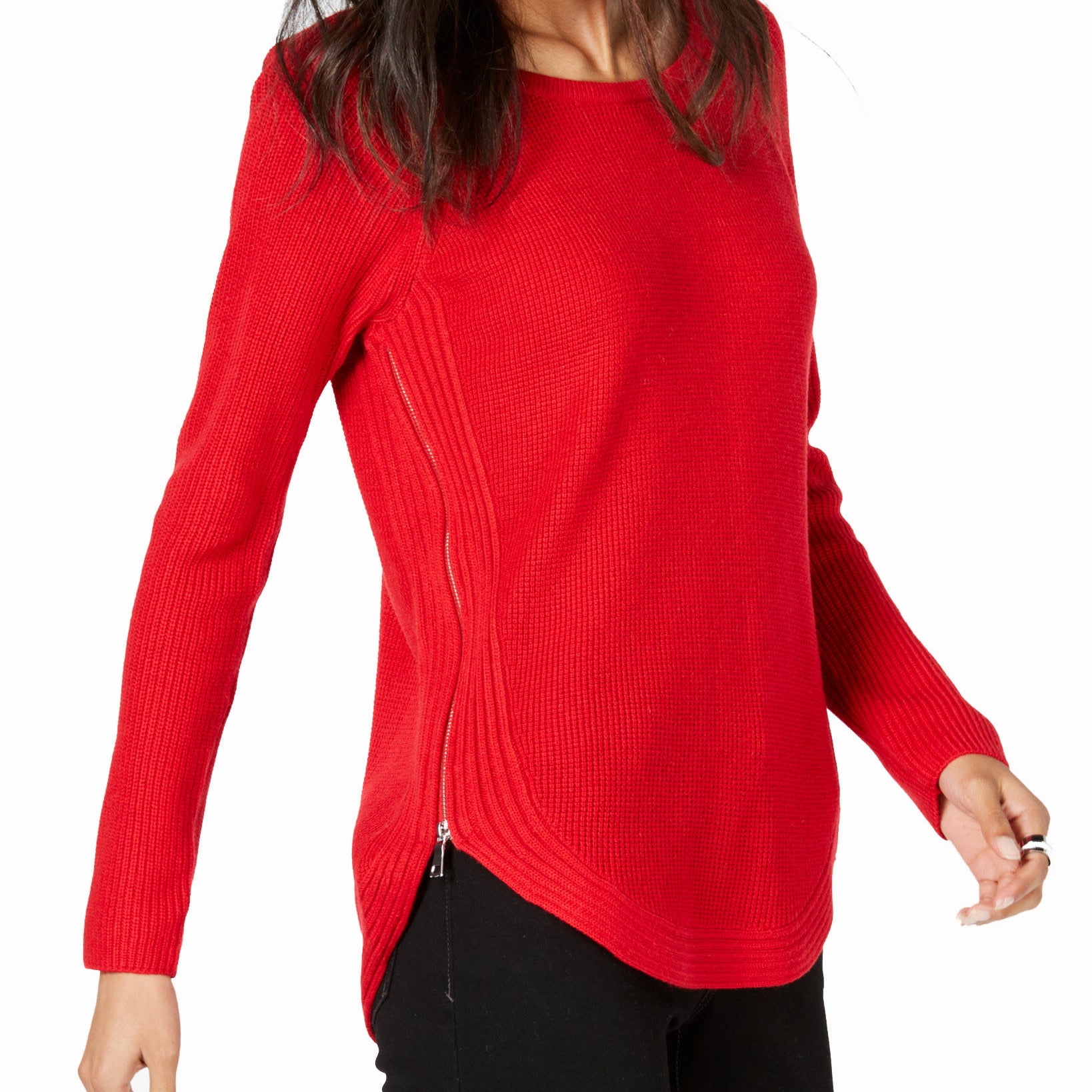 INC International Concepts Waffle Knit Side Zip Tunic Sweater Real Red